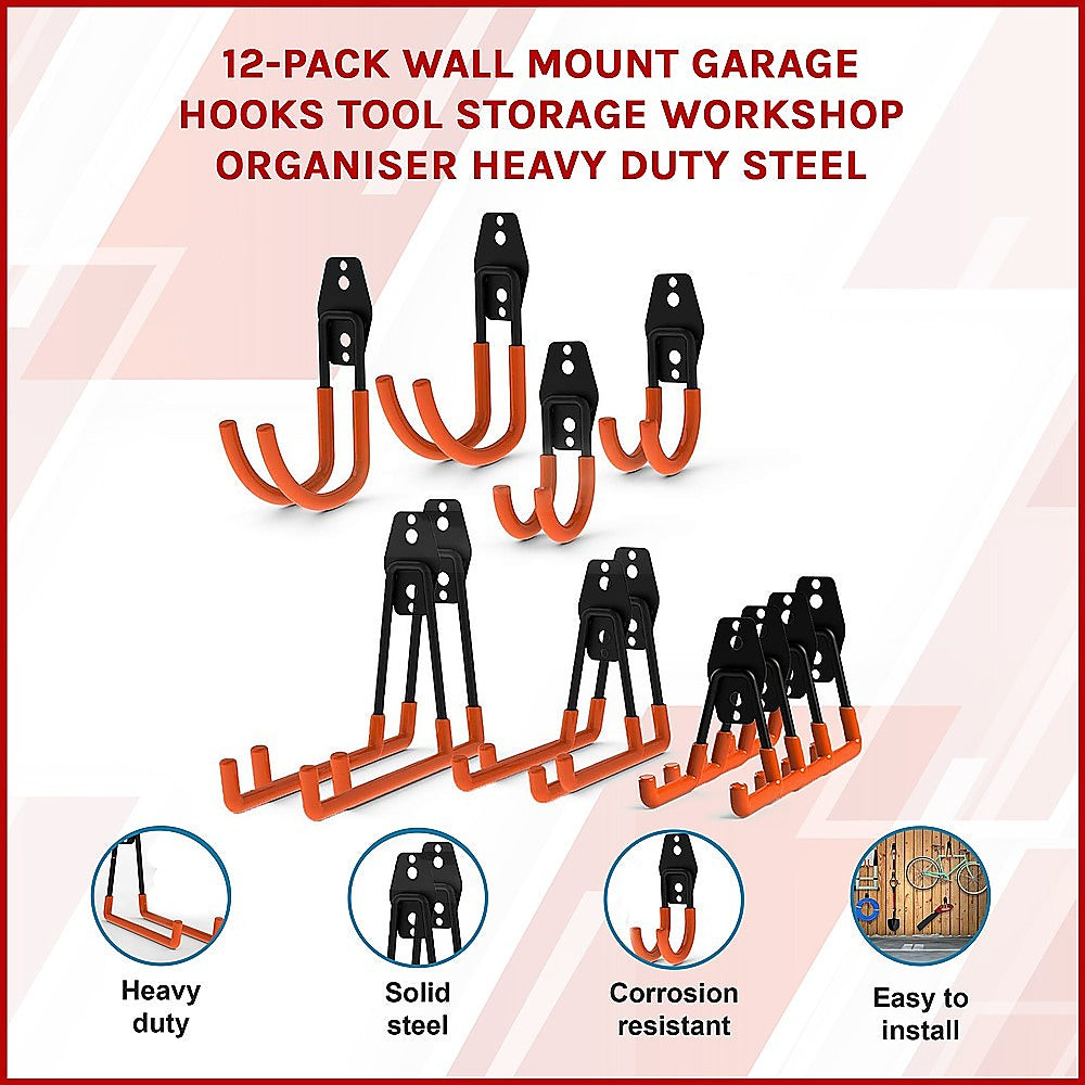 12 Pack Heavy Duty Steel Wall Mount Garage Hooks - Tool Storage Organizer for Workshop, Garage, Shed & Home Organization