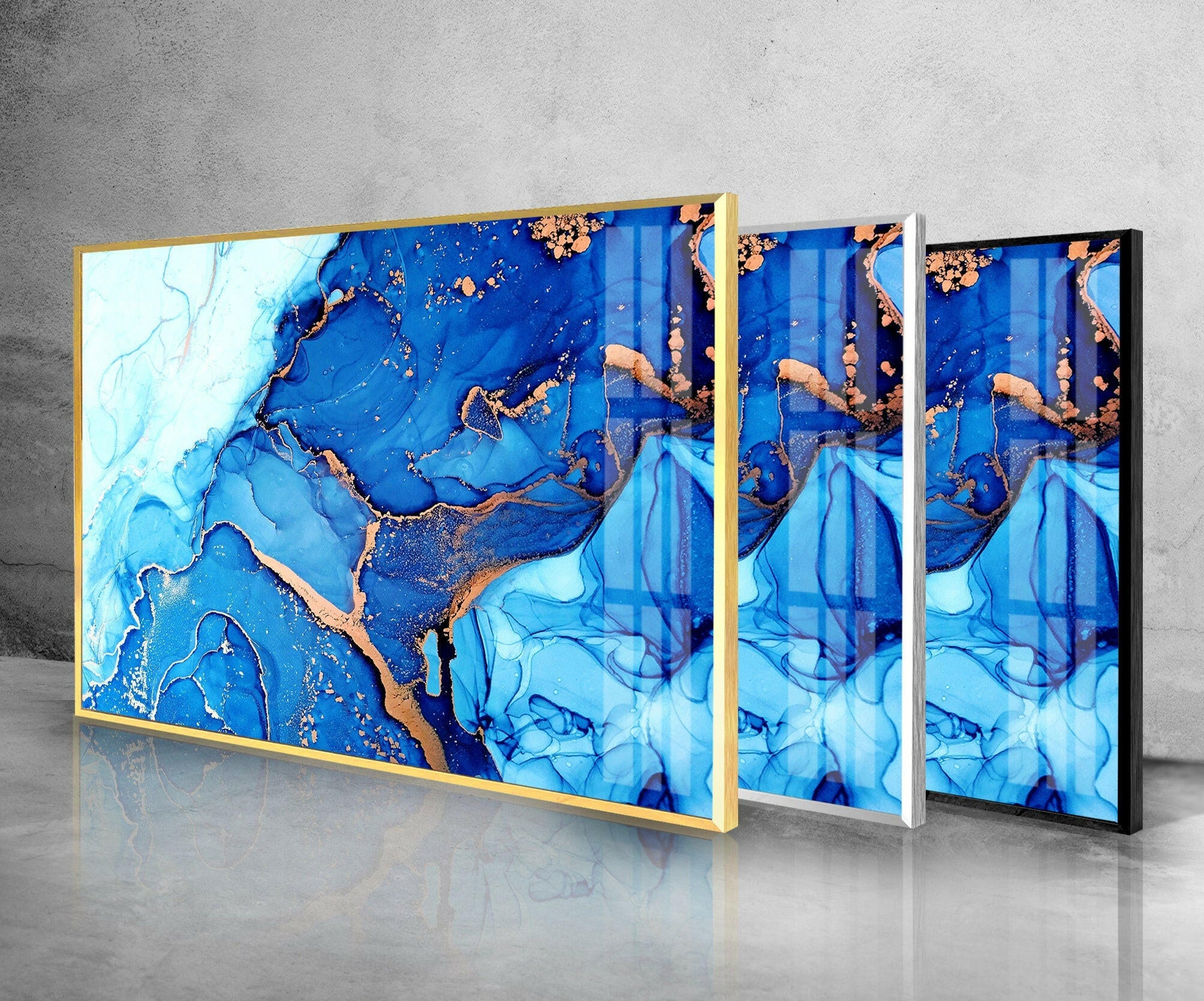 Blue Abstract Liquid Ink Art Glass Wall Decor - Modern Home & Office Decoration for Living Room, Bedroom, or Workspace