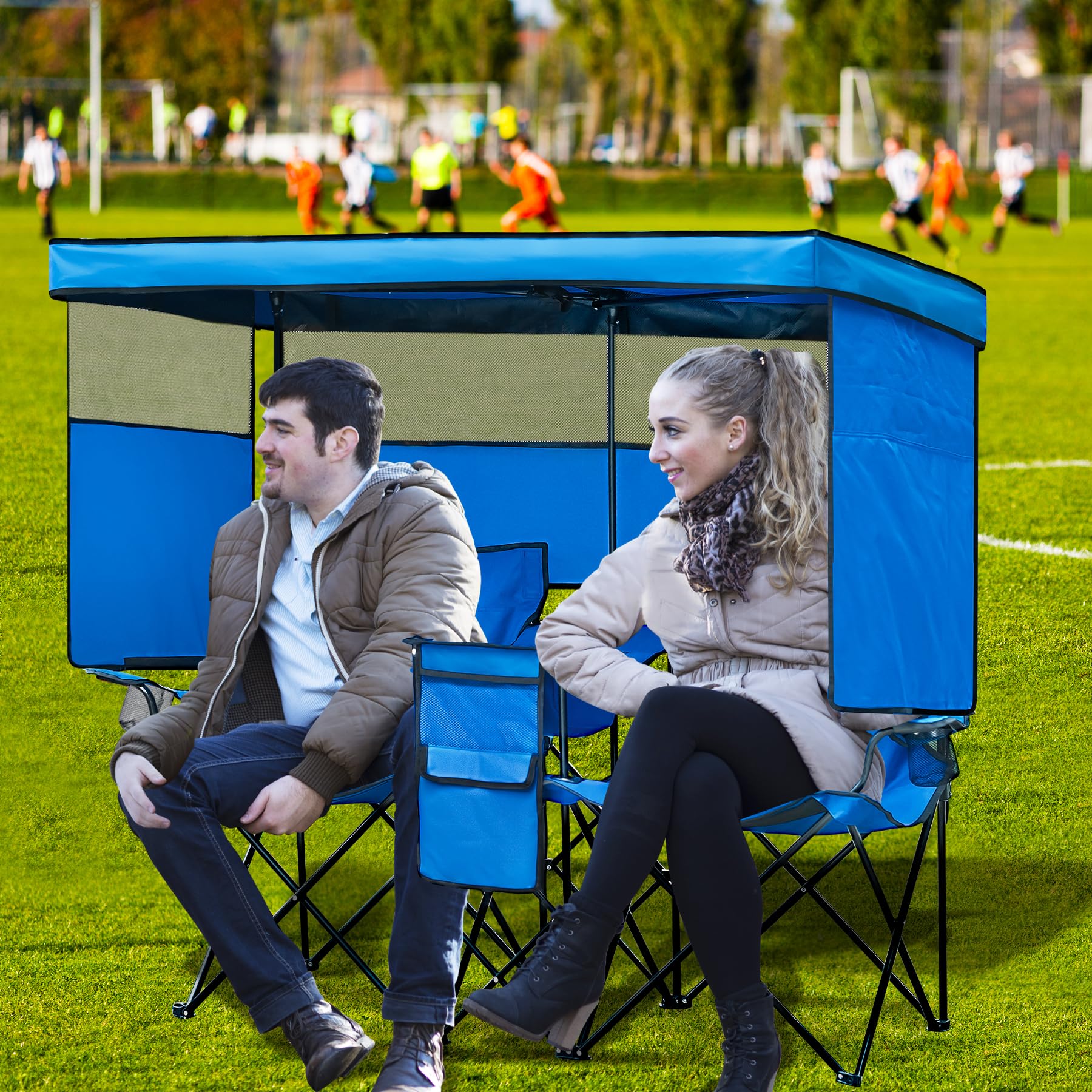 Double Camping Chair with Canopy Shade & Cup Holder - Portable Folding Loveseat with Cooler Bag for Beach, Sports, Lawn, Patio & Outdoor Activities - Perfect for Picnics, Camping Trips & Backyard Relaxation