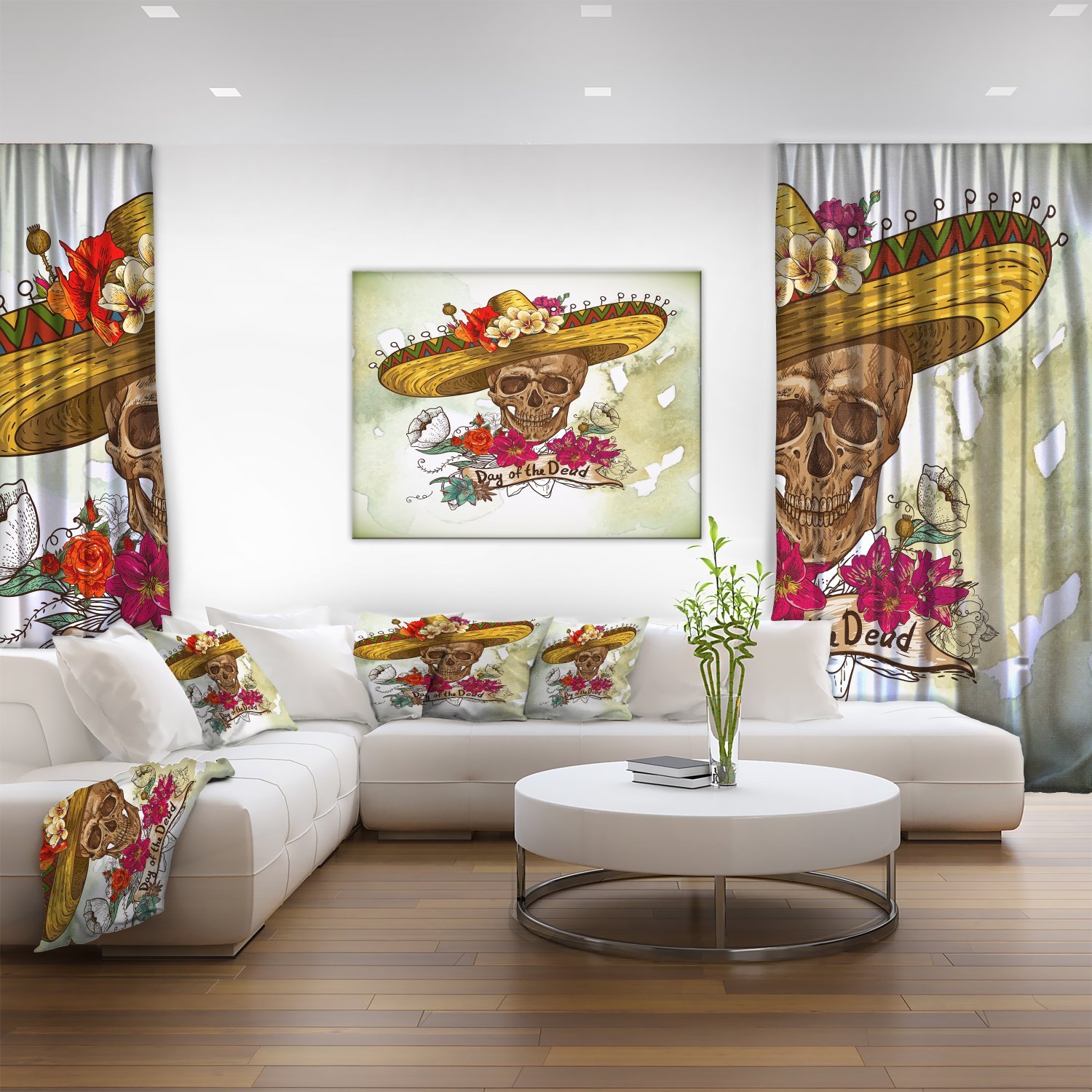 Skull in Sombrero with Flowers - Mexican Sugar Skull Floral Art Canvas Print Wall Decor for Day of the Dead, Home & Office Decorations