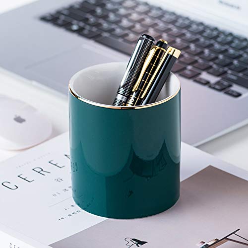 Ceramic Pen Holder for Desk - Cute Green Pencil Cup Organizer with Brush Storage | Perfect for Office, School & Home Workspace Organization