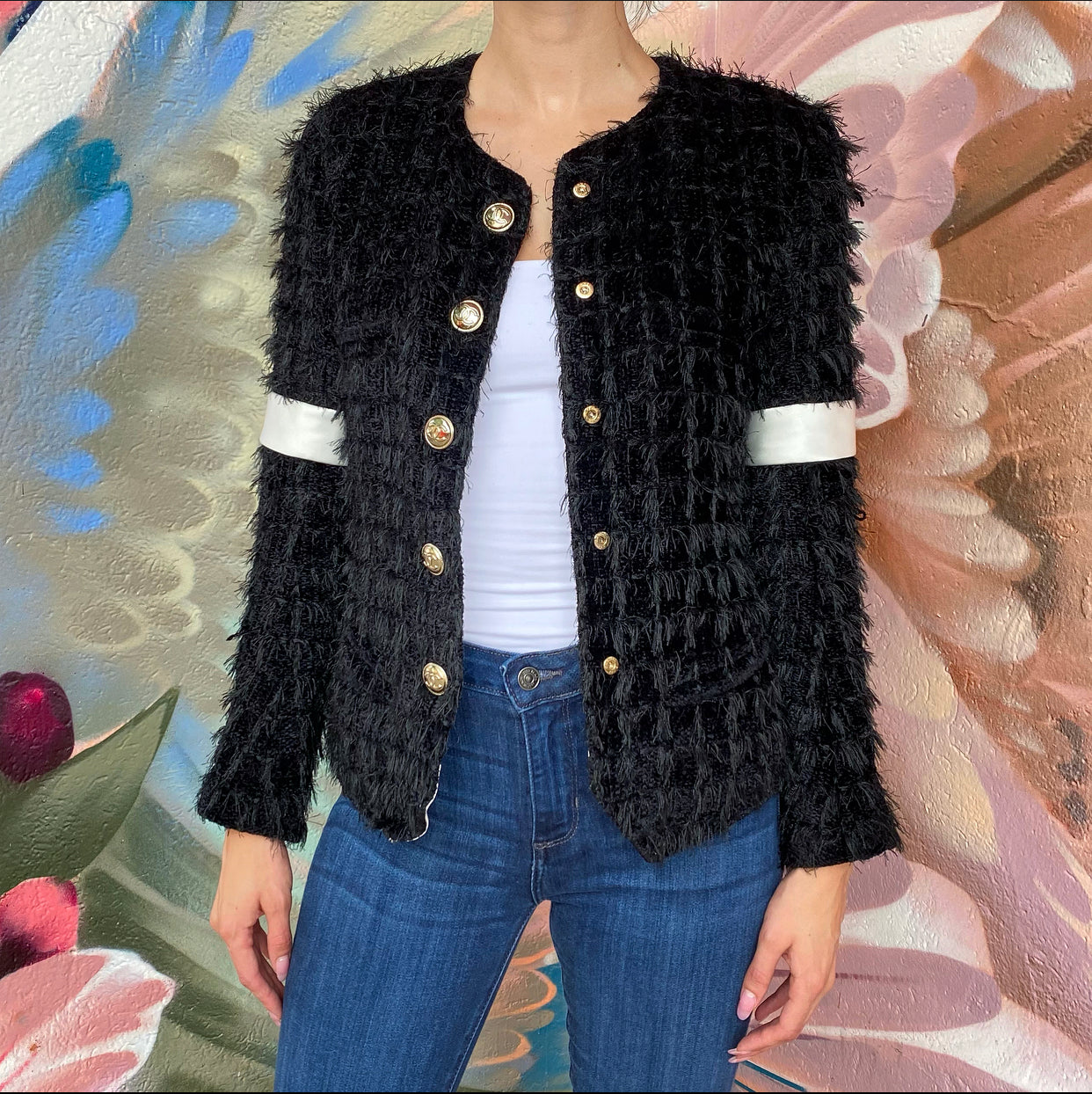 Chanel 20K Black Eyelash Tweed Jacket with White Satin Trim - Size FR38 | Luxury Designer Blazer for Women | Perfect for Evening Parties, Weddings & Special Occasions