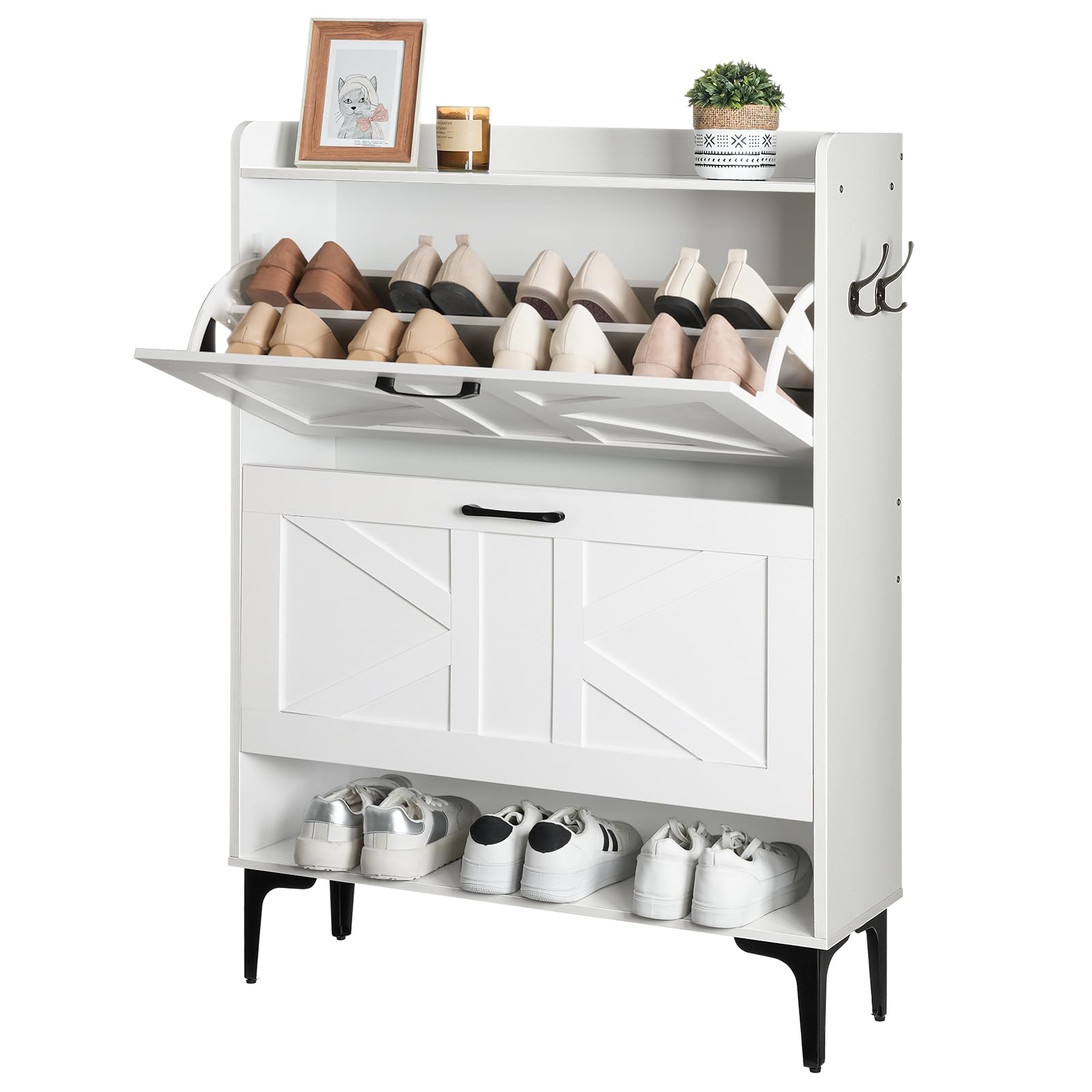White Shoe Storage Cabinet with 2 Flip Drawers - Hidden & Open Entryway Organizer for Shoes, Boots & Accessories | Freestanding Closet Storage Solution for Hallway, Mudroom or Bedroom (Model SHWT9401)