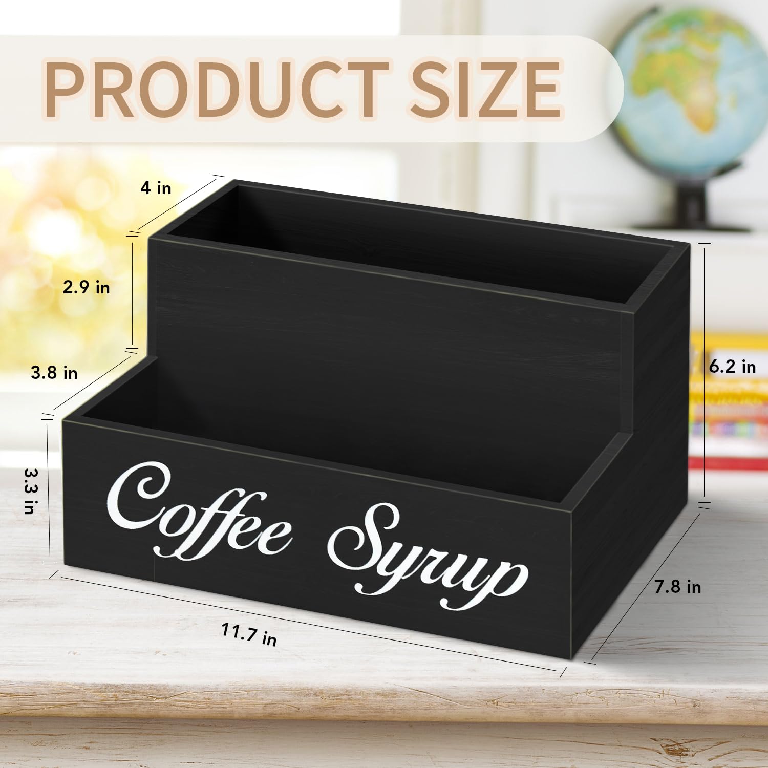 2-Tier Wooden Coffee Bar Organizer with 6 Syrup Bottles - Countertop Coffee Station Accessories for Espresso, Latte & Cappuccino - Farmhouse-Style Condiment Rack for Coffee Lovers (Perfect for Home Kitchens & Coffee Shops)
