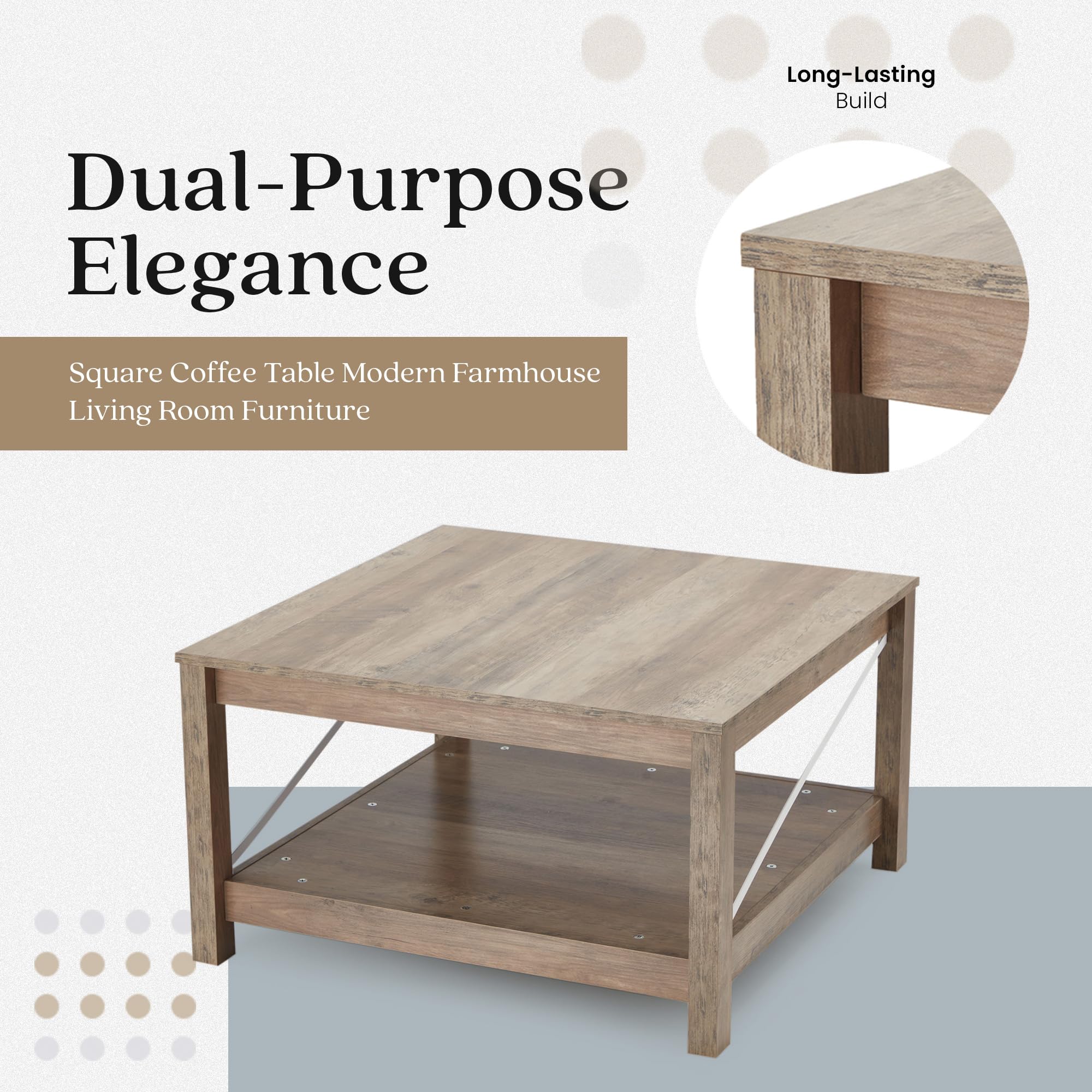 JOMEED 31.5 Inch Square Coffee Table with Storage Shelf - Modern Farmhouse Style Accent Table for Living Room & Office - Beige Wooden End Table - Perfect for Small Spaces, Home Decor & Coffee Table Books Display