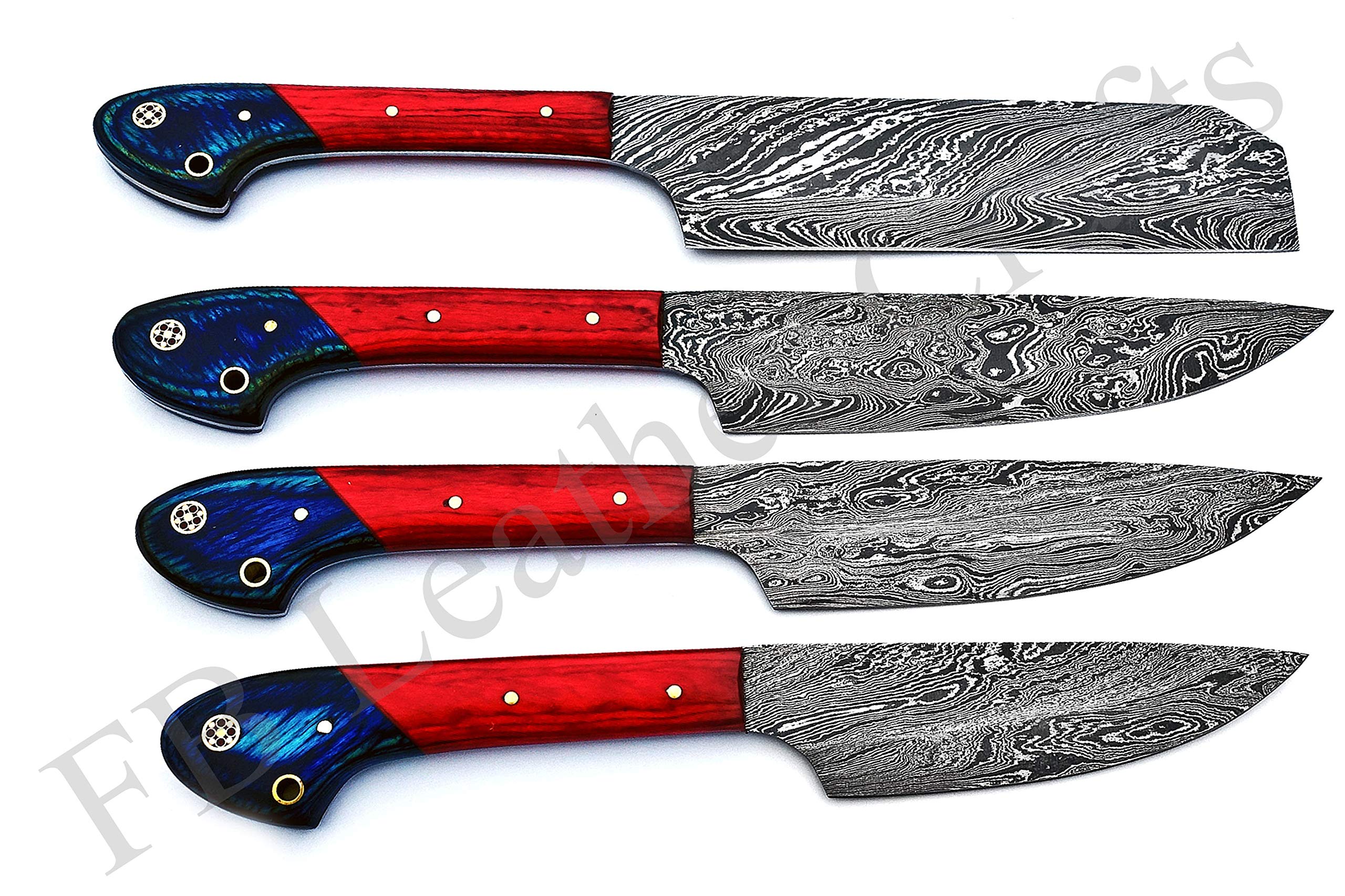 Premium Damascus Steel Knife Set - Hand Forged 4-Piece Chef & BBQ Knives with Colored Wood Handle (Red/Blue) - Perfect for Professional Cooking, Outdoor Grilling & Kitchen Gift