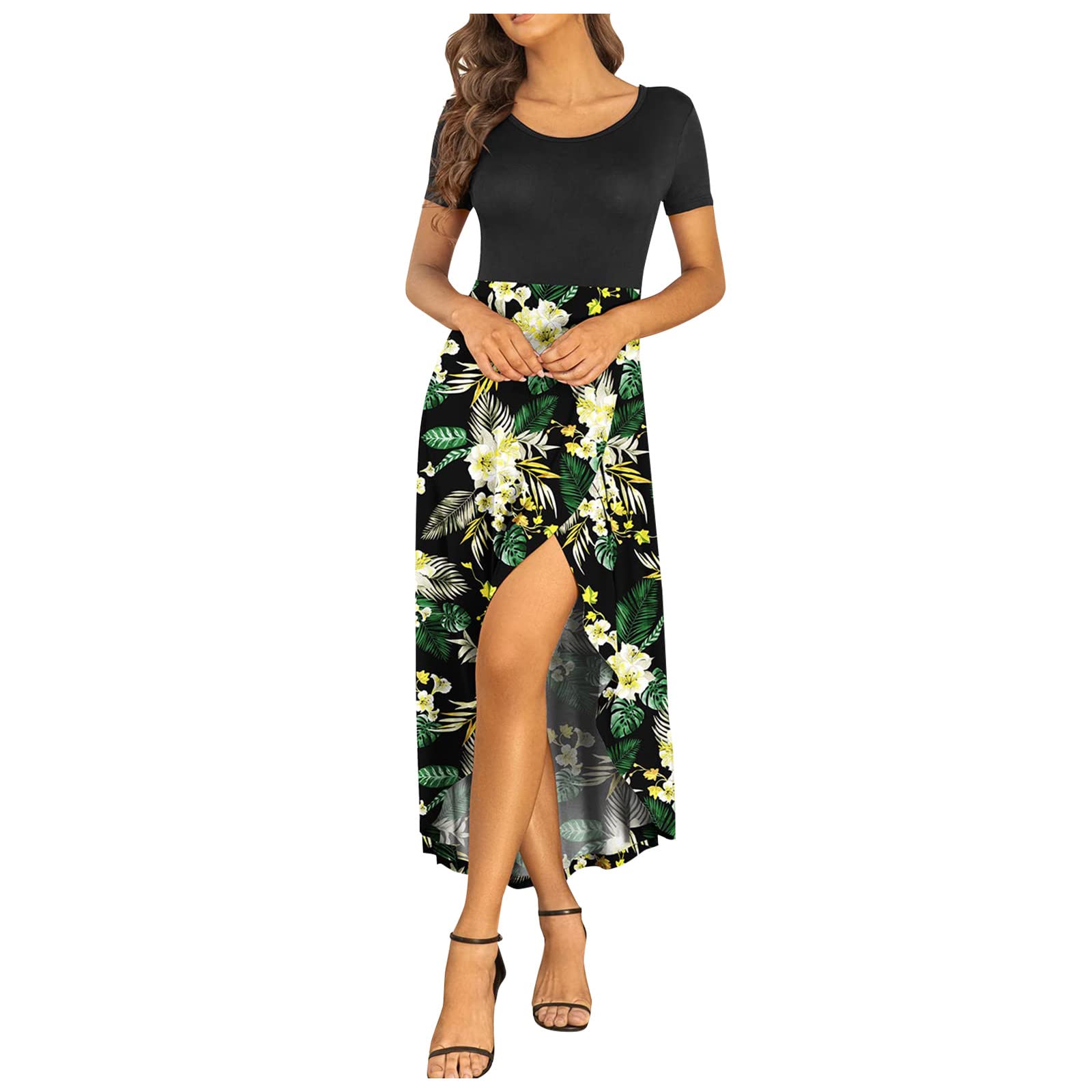Women's Summer Long Dress - Short Sleeve Flowy Casual Maxi Dress in Black & White | Plus Size Wedding Guest Dress | Perfect for Beach Vacations, Garden Parties & Formal Events