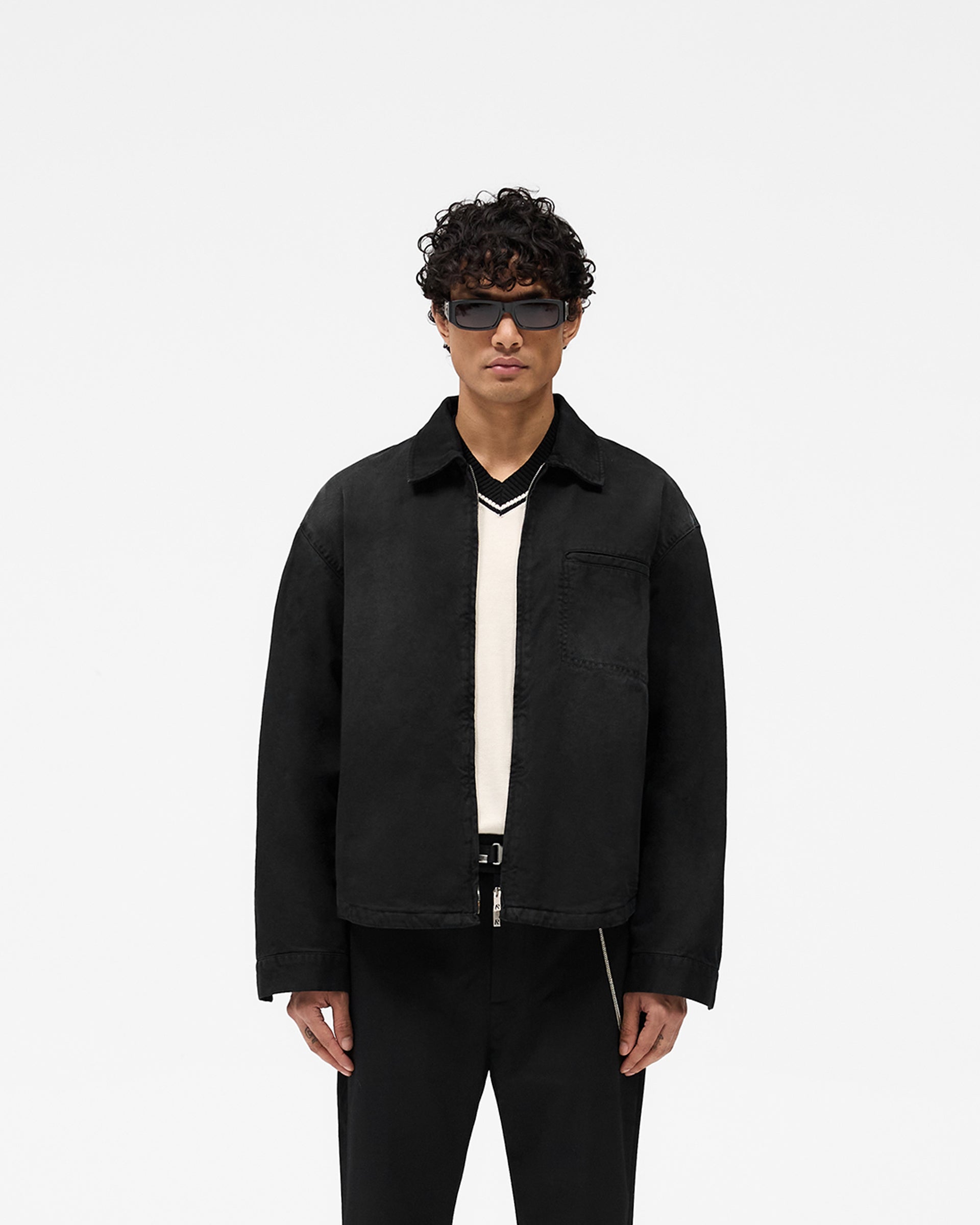 Men's Black Cotton Zip-Up Shirt - Lightweight Casual Buttonless Jacket for Outdoor Activities & Layering