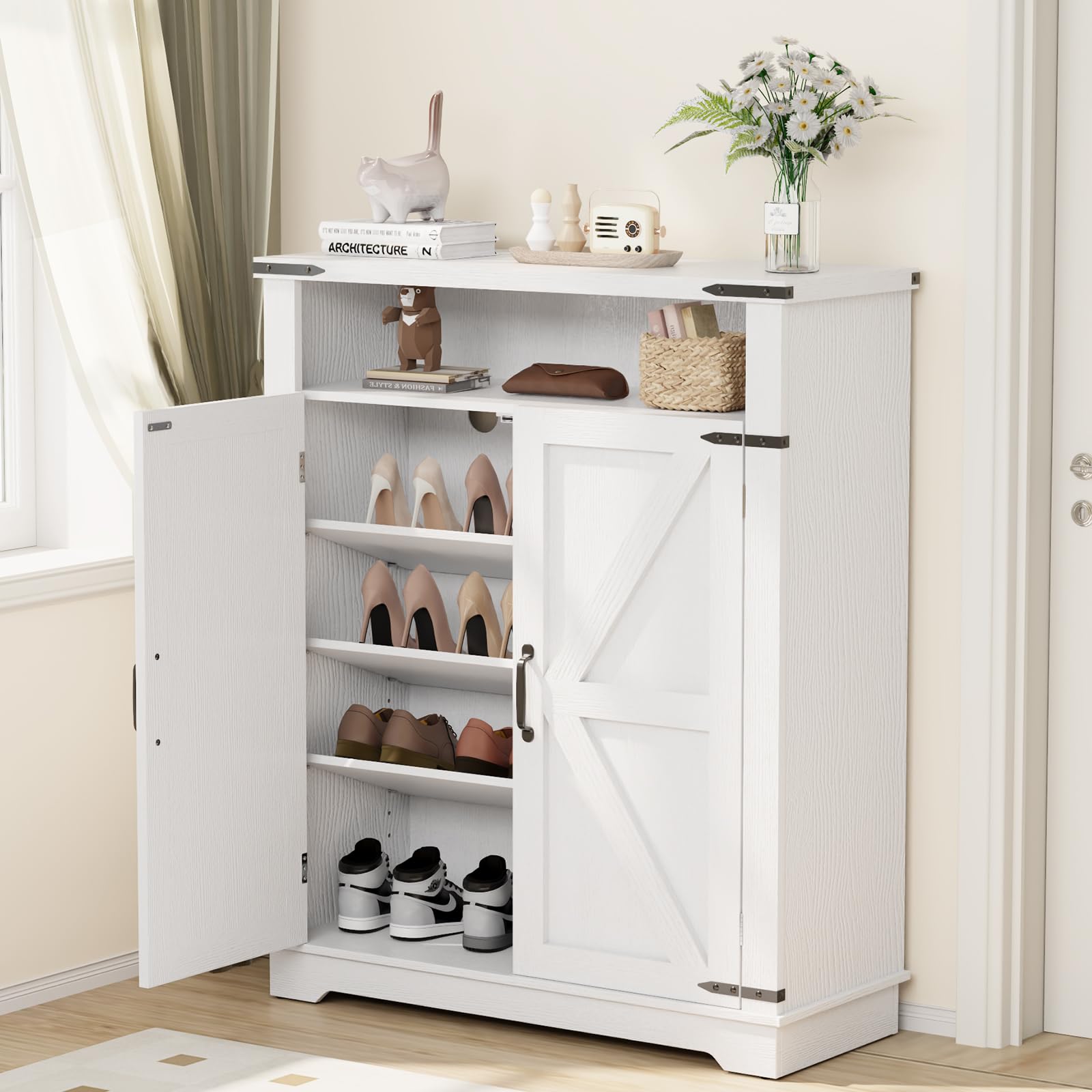 6-Tier Shoe Storage Cabinet with Adjustable Shelves - Farmhouse Style Shoe Rack Organizer with 2-Tier Open Storage & Anti-Tip Design - Freestanding Entryway Shoe Cabinet for Hallway, Closet or Bedroom (Wood Door)