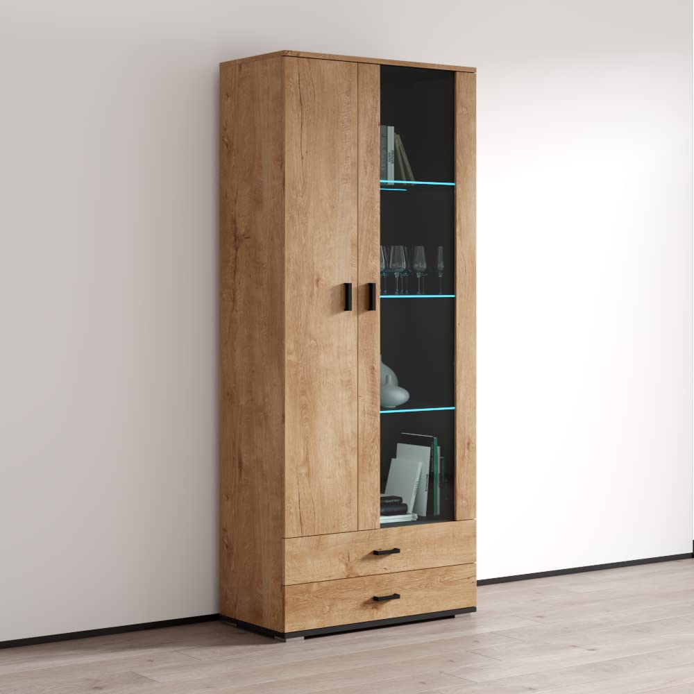 Modern Soho S6 2D2S Freestanding Bookcase - Customizable LED Light Wooden Bookshelf with Mirror Cabinet - Durable Oak Storage Shelf for Living Room, Office & Bedroom Organization