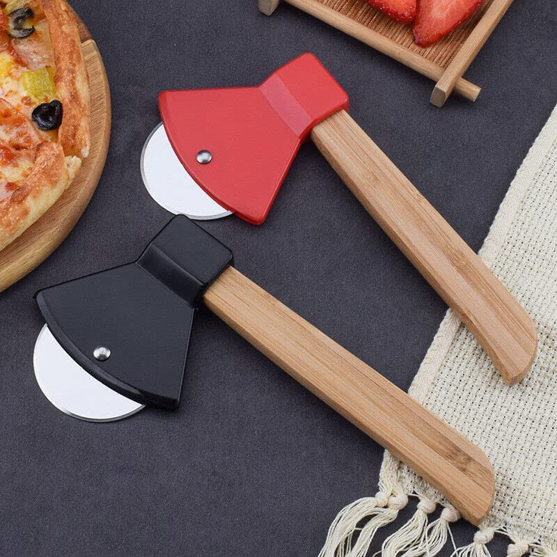 Ahoo Axe Pizza Cutter with Sharp Rotating Blade & Bamboo Handle - Perfect for Cutting Pizza, Bread, Cakes - Dishwasher Safe (Black) - Ideal for Home Kitchens, Restaurants, and Outdoor Cooking