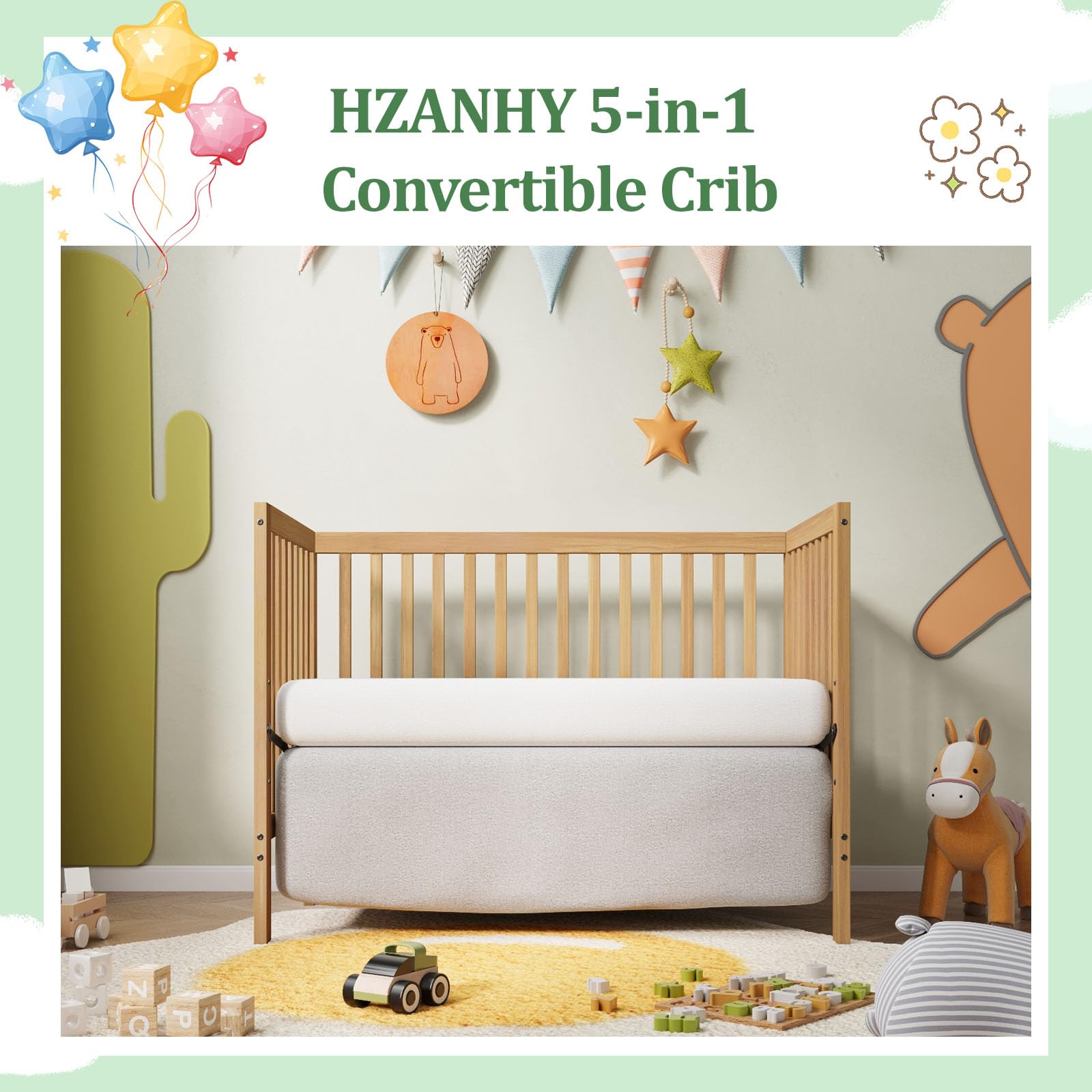 5-in-1 Convertible Baby Crib to Toddler Bed & Full Size Bed Frame - Natural Wood Nursery Furniture for Newborns & Kids (Mattress Not Included) | Perfect for Nursery, Bedroom & Daycare Centers