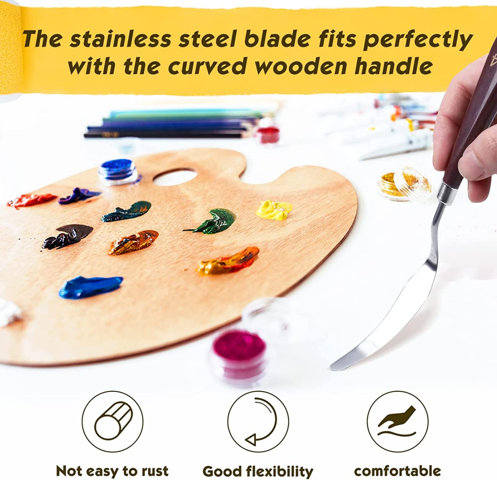 5-Piece Briartw Stainless Steel Palette Knives Set - Wooden Handle Painting Spatulas for Oil & Acrylic Painting - Professional Artist Tools for Color Mixing & Canvas Texture - Perfect for Studio, Classroom & DIY Art Projects