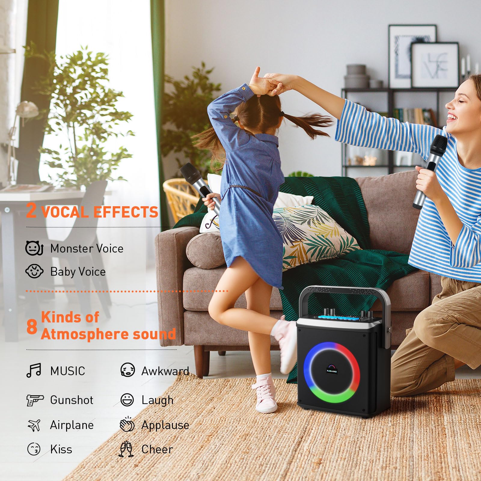 Portable Bluetooth Karaoke Machine with 2 Wireless Microphones & LED Lights - PA System Supports TF Card/USB/AUX - Perfect for Home Parties, Family Gatherings & Kids Entertainment (Black)