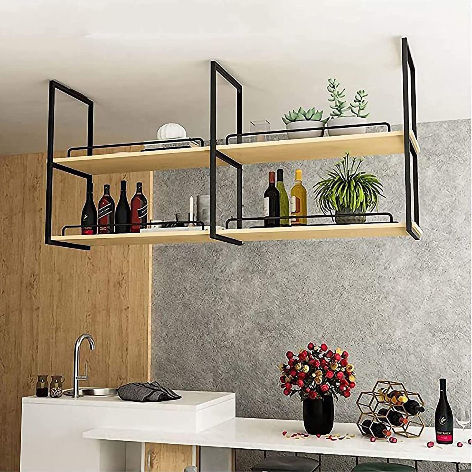 Nordic Style 2-Tier Ceiling Storage Shelf - Solid Wood & Iron Hanging Rack for Kitchen, Bar, Cafe - 80x30x80cm Black Display Shelf (2cm Thick Plates) - Perfect for Small Space Organization & Decorative Storage Solutions