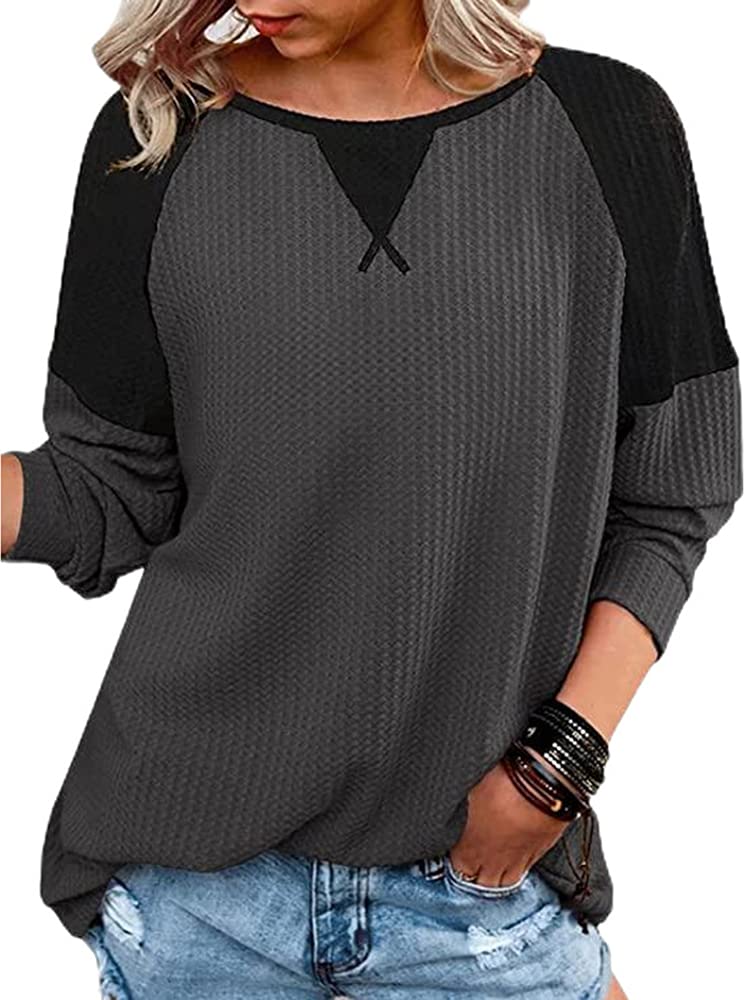 Chvity Women's Waffle Knit Long Sleeve Crewneck Shirt - Fall Casual Loose Fit Color Block Blouse Top for Work, Travel & Everyday Wear