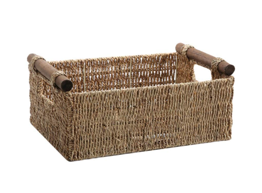 Handmade Straw American Solid Wood Handle Storage Basket - 37x26x16x13.5cm - Coffee Table Organizer, Snack Storage, Home Decor for Living Room & Bedroom