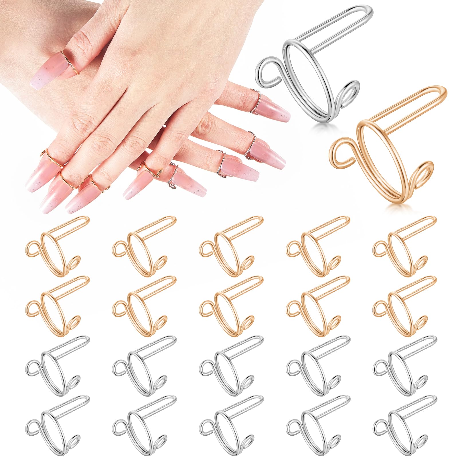 20Pcs Adjustable Reusable Nail Rings for Women - Gold & Silver Nail Jewelry Set, Wudu Nail Ring Alternative to Nail Polish, Perfect for Birthday Gifts & Nail Decorations (Great for Parties, Weddings & Daily Fashion Accessories)