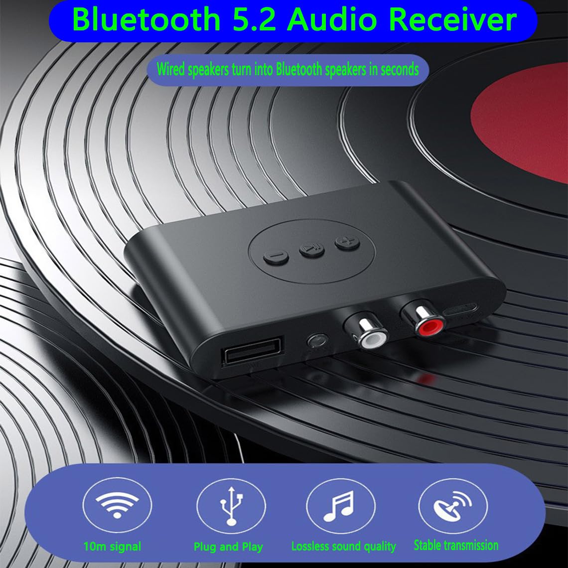 Bluetooth 5.2 Audio Adapter - Wireless Music Streaming Receiver with USB Port for Smartphones, Tablets, Car Speakers & Headphones | Home Theater, Office & Car Audio System Upgrade