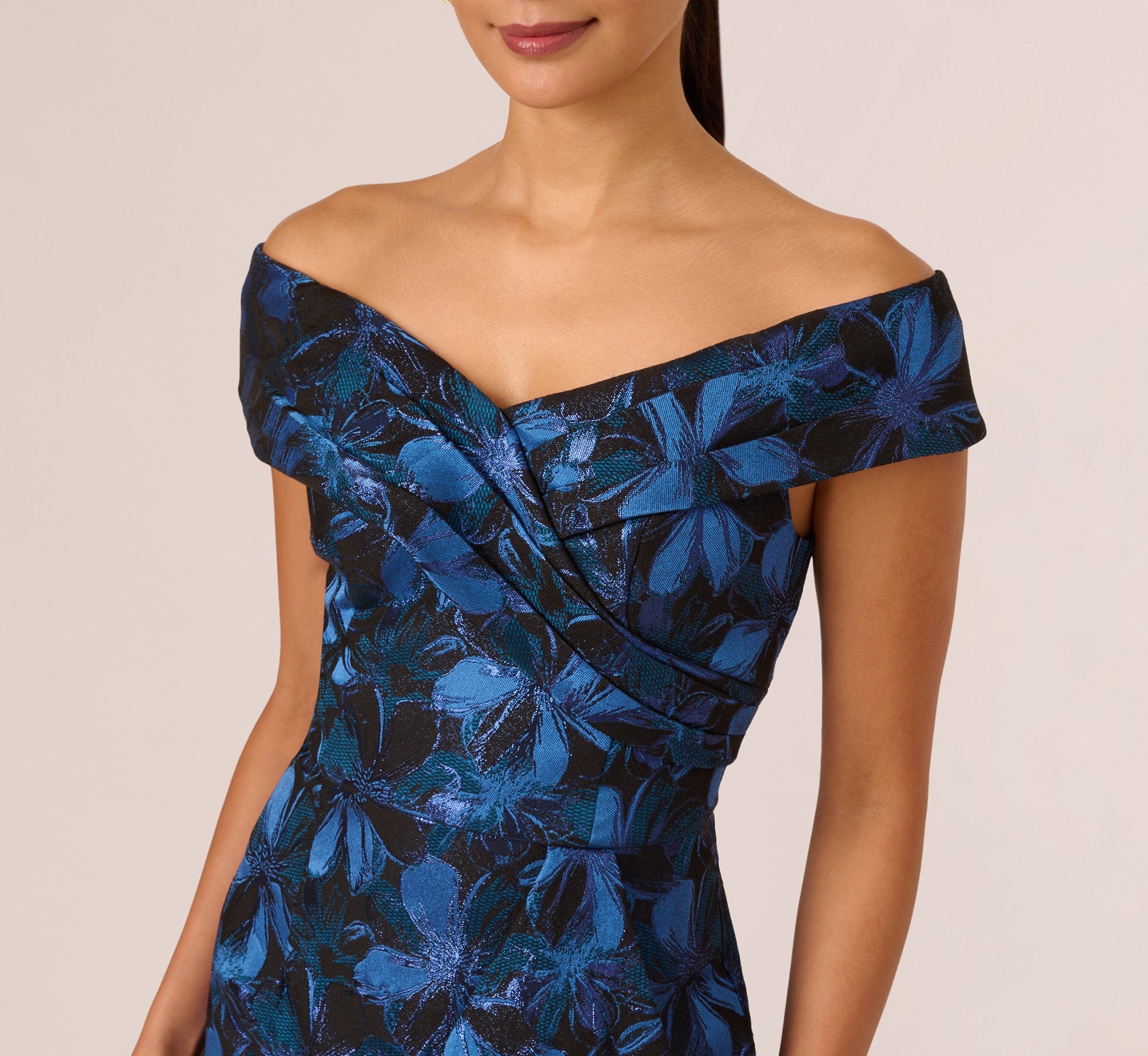 Elegant Off Shoulder Jacquard Gown in Blue Multi - Perfect for Evening Parties, Weddings & Special Occasions