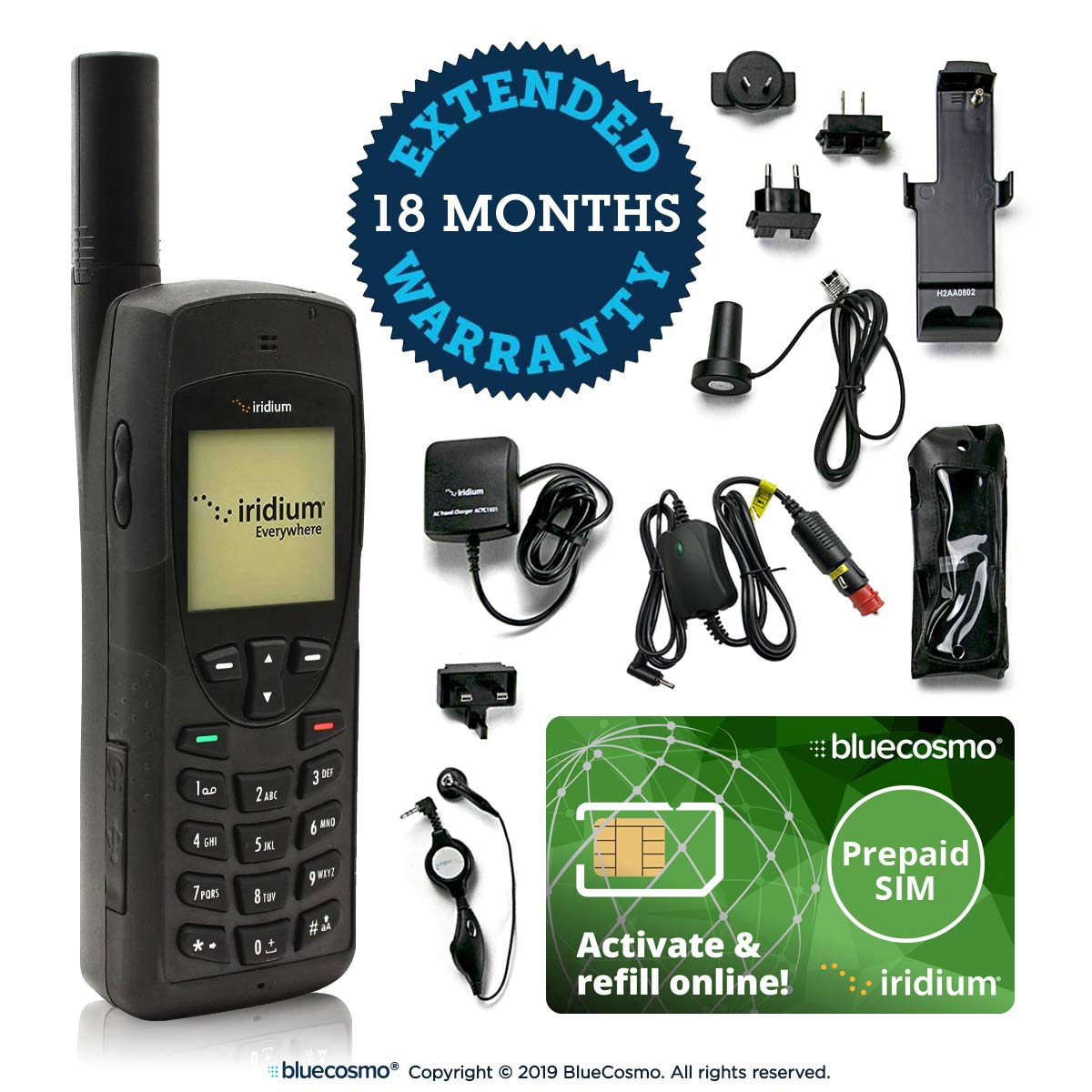 BlueCosmo Iridium 9555 Satellite Phone Bundle - Global Satellite Phone with Voice & SMS Text Messaging - Includes Prepaid SIM Card & Online Activation - 24/7 Support - Perfect for Remote Travel, Emergency Communication & Off-Grid Adventures