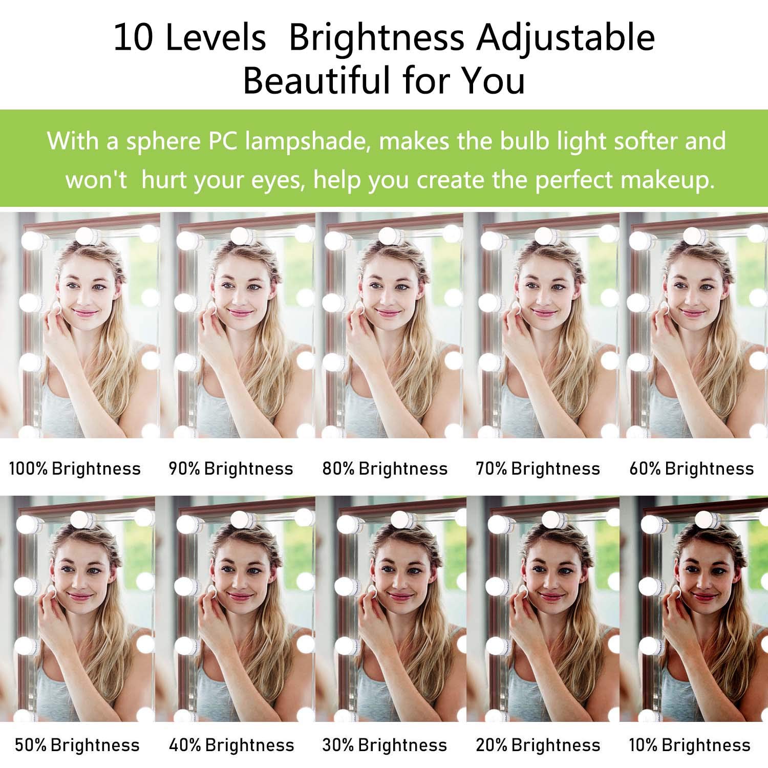 Hollywood LED Makeup Mirror Lights - 10 Dimmable Bulbs, 3 Color Modes for DIY Vanity & Bathroom Lighting