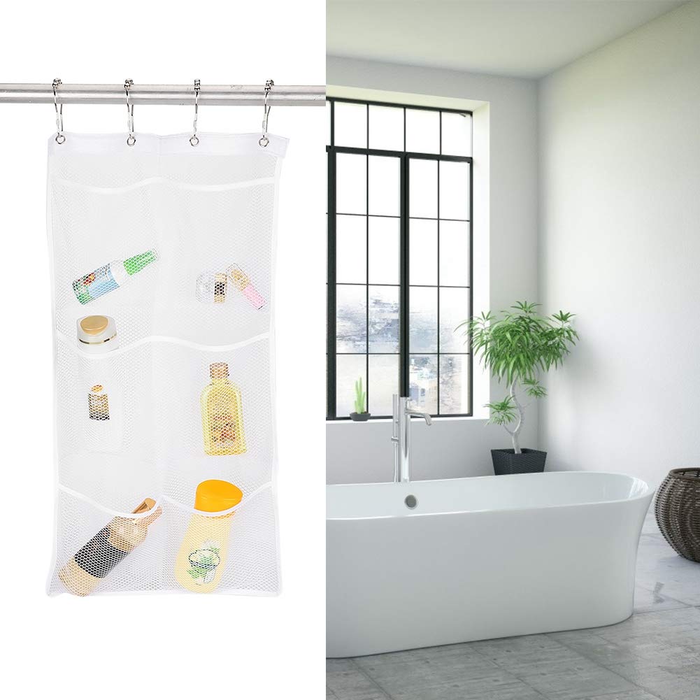 Hanging Mesh Shower Organizer with 6 Pockets & 4 Rings - Waterproof Bathroom Storage Caddy for Toiletries, Kids Bath Toys, and Shower Essentials - Perfect for Small Spaces, Dorm Rooms, and Family Bathrooms