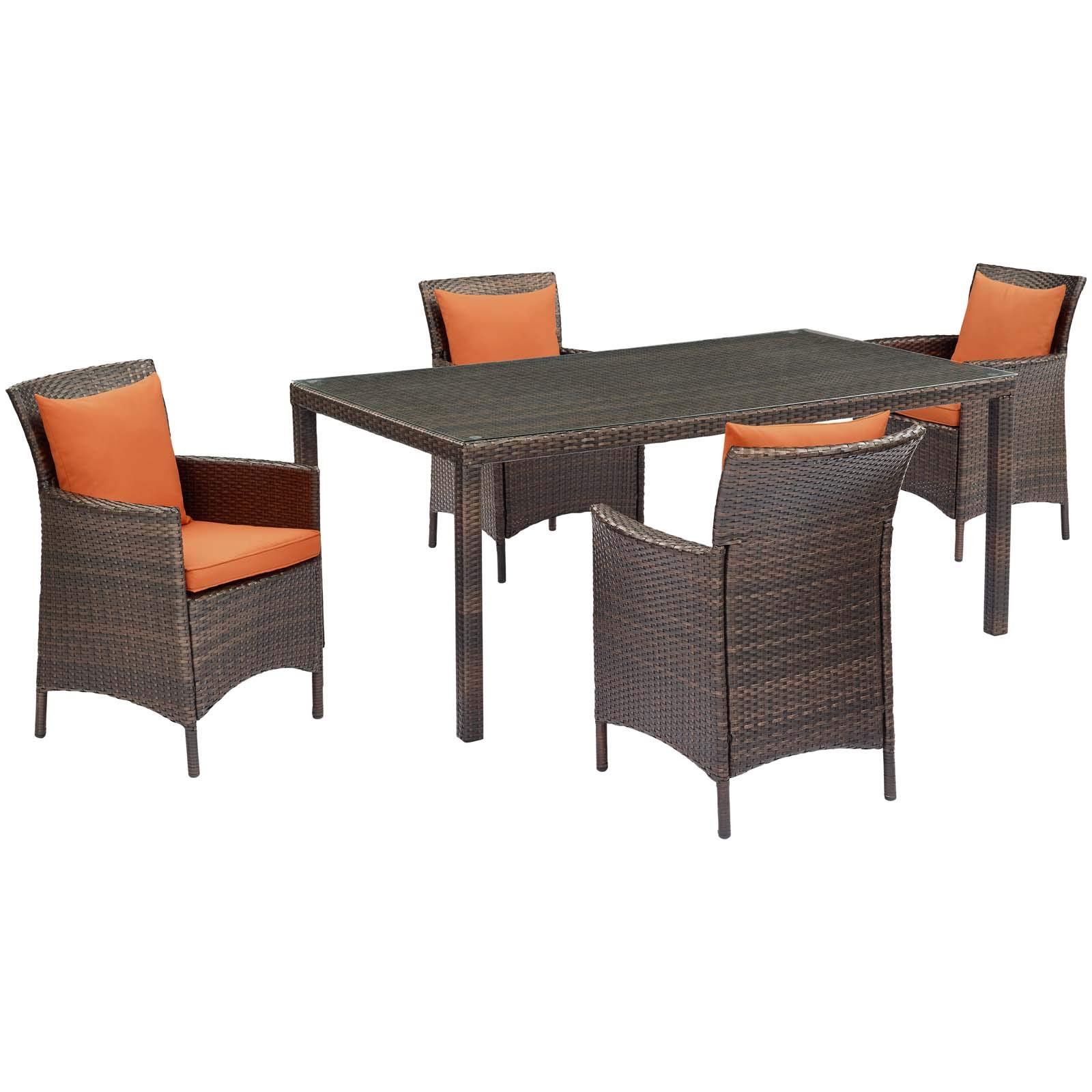 Modway EEI-3892-BRN-ORA-SET 5-Piece Outdoor Patio Dining Set - Weather-Resistant Brown & Orange Wicker Furniture for Garden, Backyard, Poolside - Includes Table & 4 Chairs