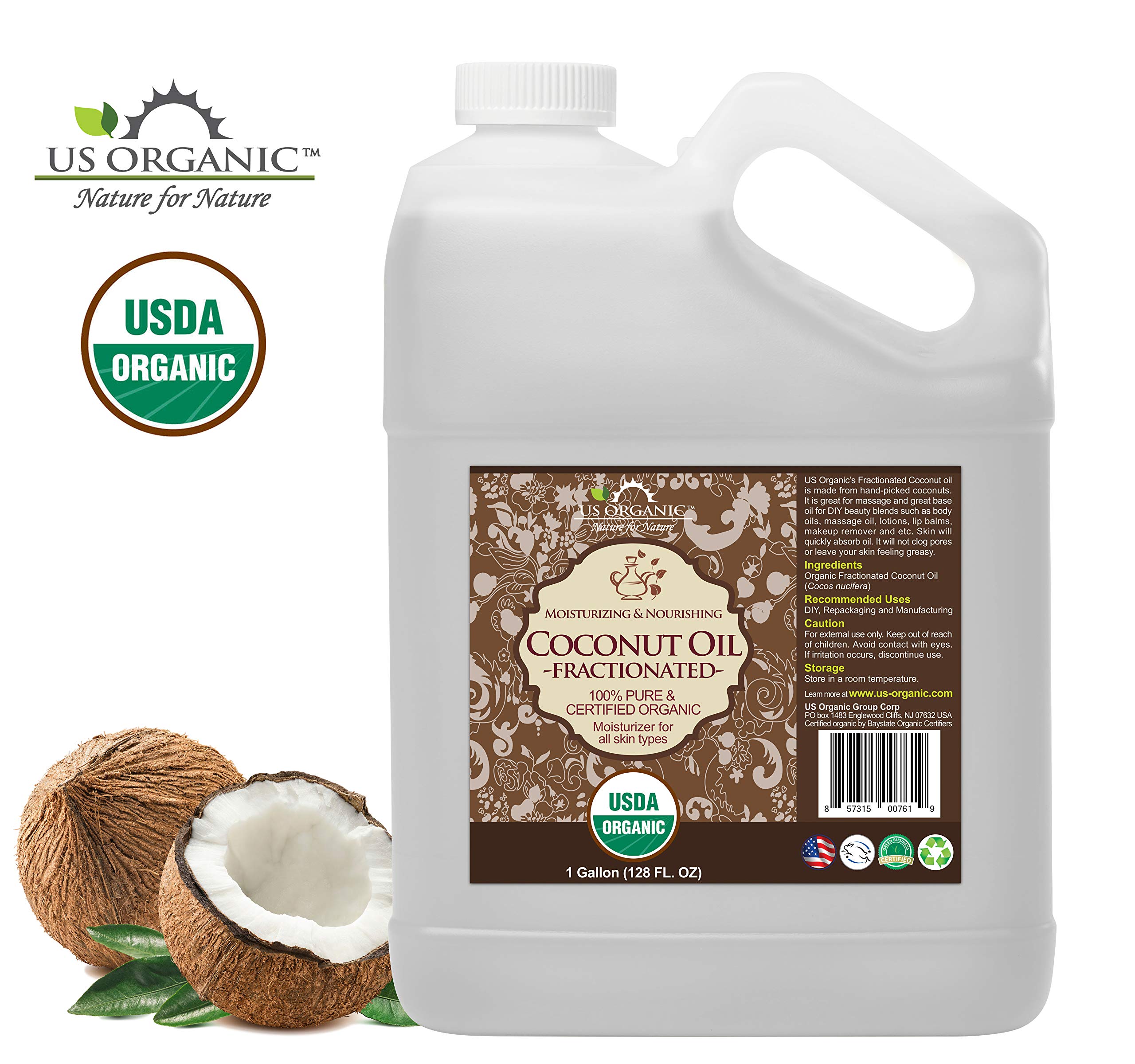 USDA Certified Organic Fractionated Coconut Oil - 100% Pure, Non-GMO, Hexane-Free (1 Gallon/128 oz) | Best for Massage, DIY Essential Oil Blends, Hair & Skin Care | Ideal for Aromatherapy, Natural Moisturizer & Spa Treatments