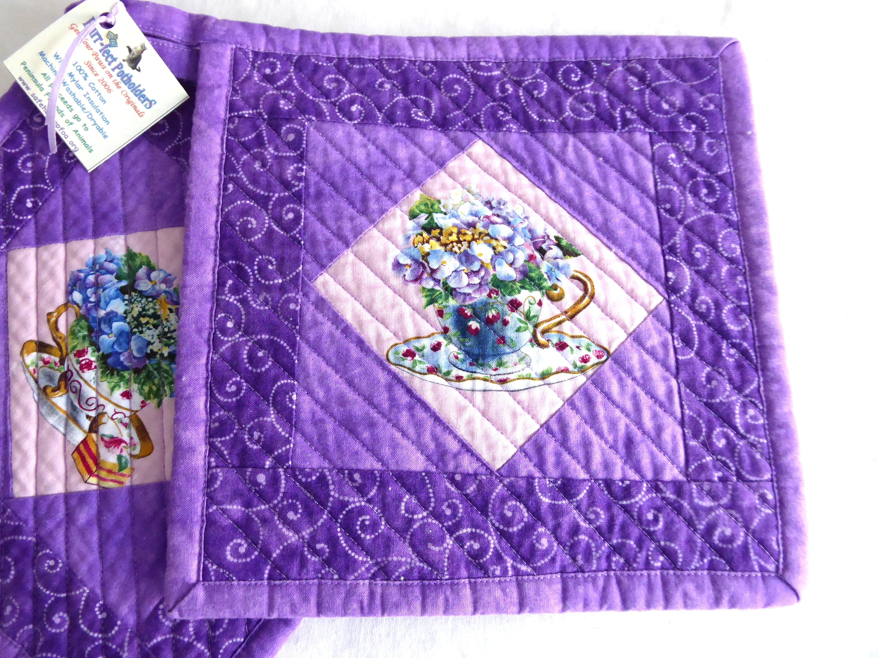 Handmade Purple Teacup Themed Potholders with Padded Flowers - Heat Resistant Kitchen Accessories for Baking & Tea Time - Supports Animal Charity