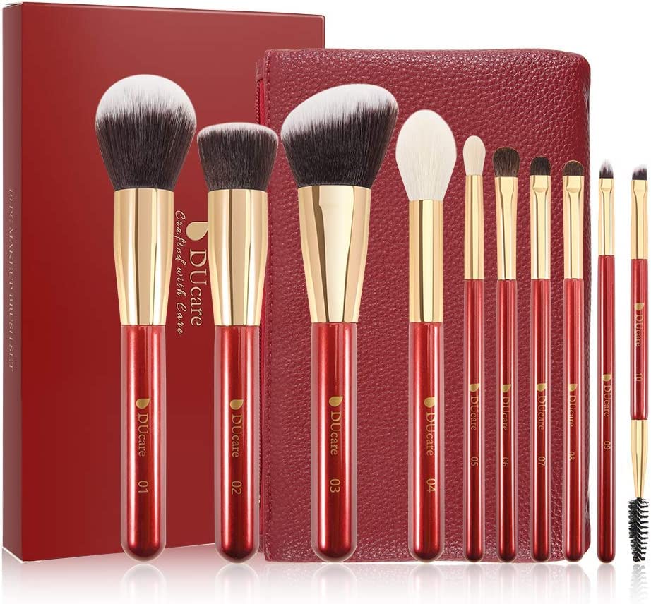 DUcare 10-Piece Premium Makeup Brush Set - Red Synthetic Kabuki, Foundation & Eye Brushes with Travel Case | Perfect for Professional Makeup Artists & Beginners | Home Use, Travel & Salon Makeup Application