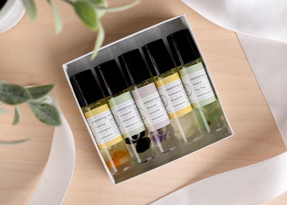 5-Piece Essential Oils Roll On Set with Healing Crystals | Aromatherapy for Stress Relief, Sleep & Meditation | Perfect for Home, Office & Travel Use