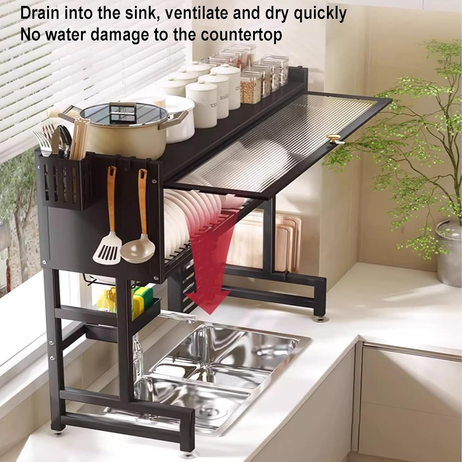 Stainless Steel Over The Sink Dish Drying Rack - Large Adjustable Kitchen Counter Dish Drainer (85x30x80cm) Black - Space Saving Drying Rack for Dishes, Cups & Utensils - Perfect for Small Kitchens & Apartments