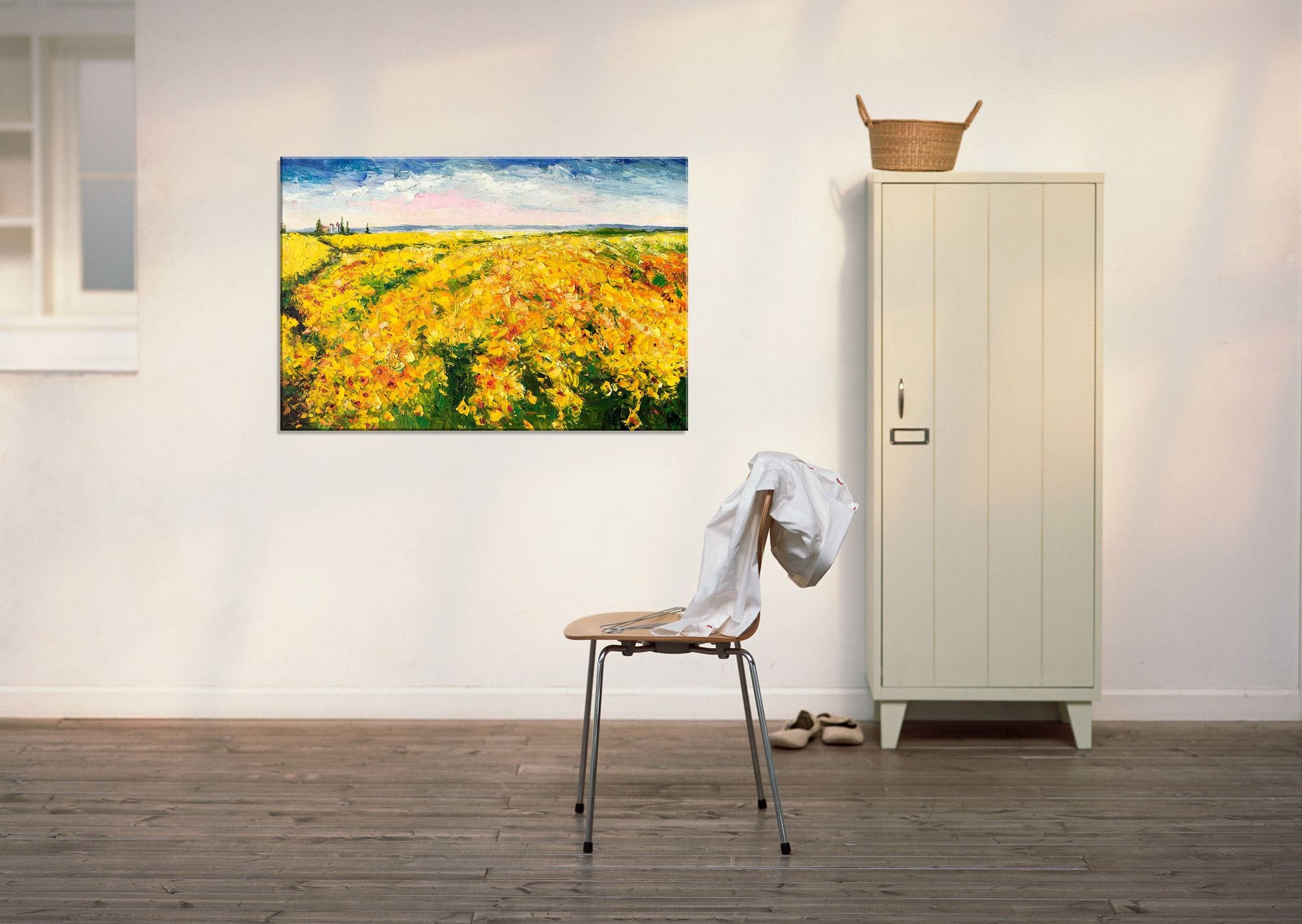 Large Abstract Oil Painting - Textured Landscape of Yellow Flower Fields in Tuscany | Contemporary Wall Art for Living Room, Bedroom & Office Decor