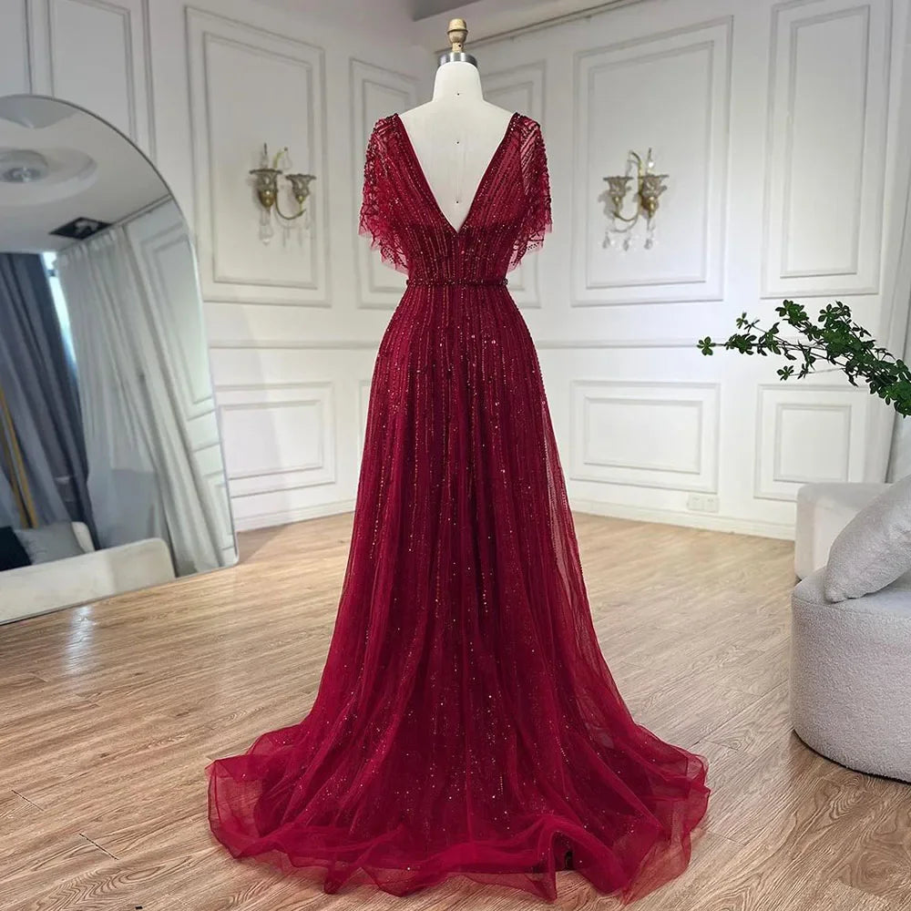 Serene Hill Luxury Dubai Red A-Line Elegant Evening Dress with Half Sleeves and Beading for Women - Perfect for Weddings, Parties & Special Occasions in 2025 (Style LA70458)