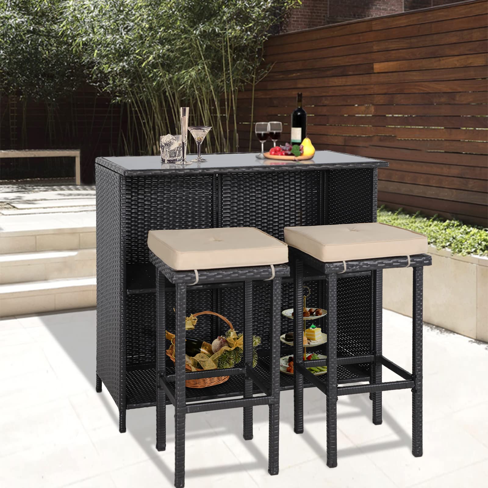 Crownland 3-Piece Wicker Patio Bar Set with 2 Stools & Glass Top Table - Brown Outdoor Bistro Furniture for Deck, Lawn, Backyard, Garden, Poolside & Balcony
