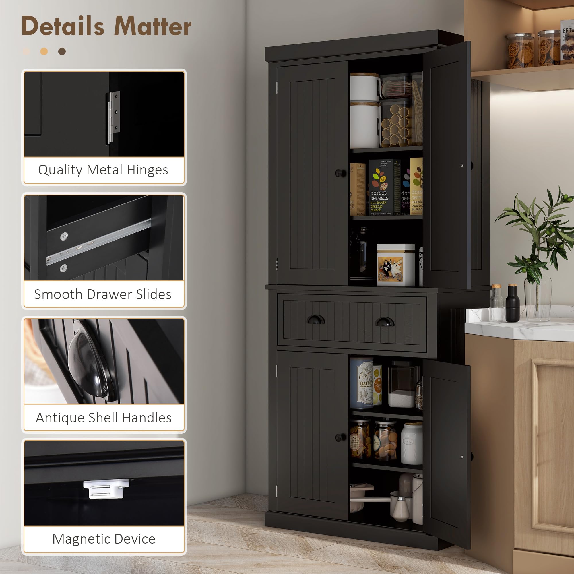 HOMCOM 72 Inch Traditional Kitchen Pantry Cabinet - Freestanding Tall Storage Cabinet with 4 Doors, Drawer & 3 Adjustable Shelves - Black - Perfect for Dining Room, Kitchen, or Pantry Organization