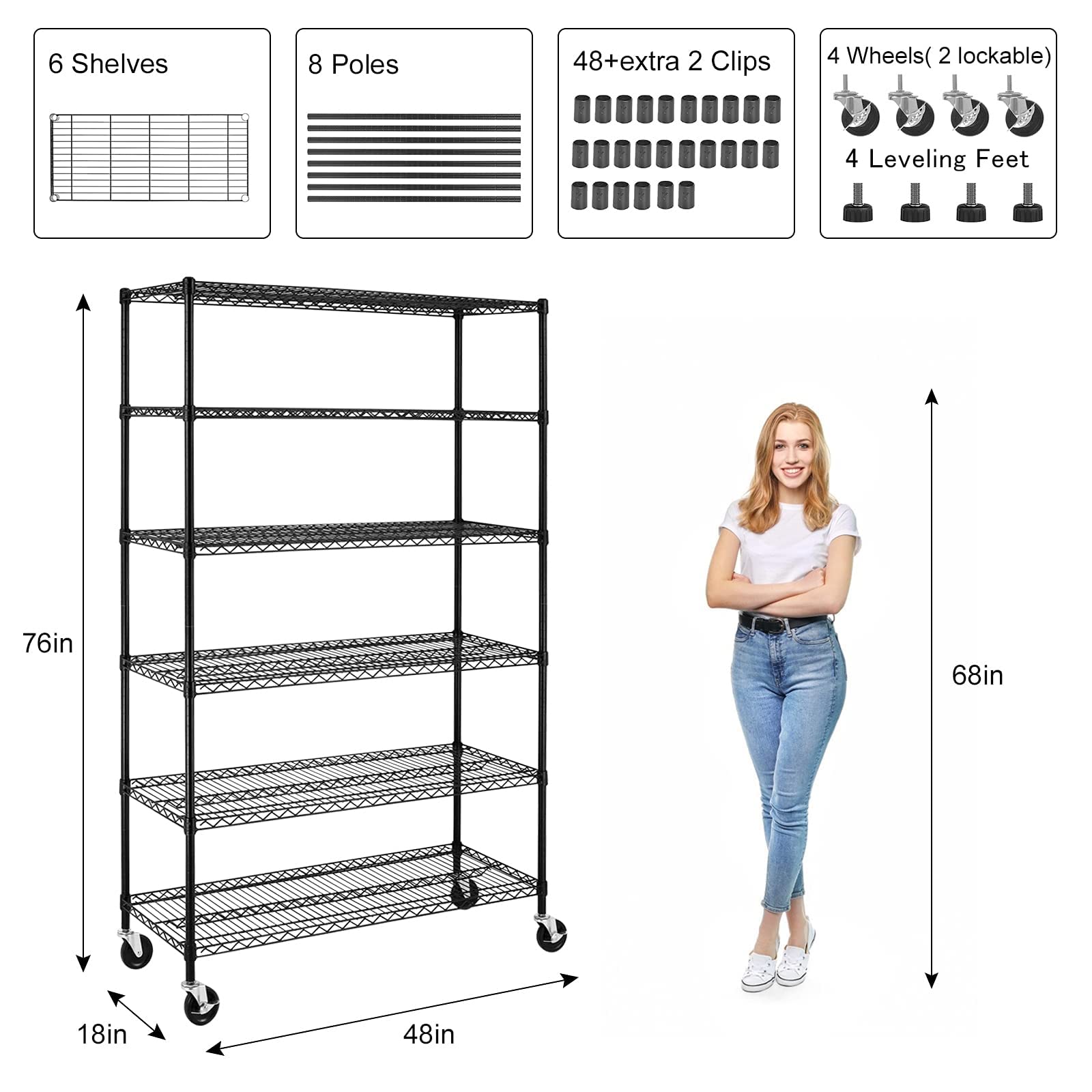 6000Lbs Capacity Heavy Duty Commercial Wire Shelving Unit - Adjustable 6-Tier NSF Metal Storage Rack with Wheels for Garage, Basement, Warehouse (76