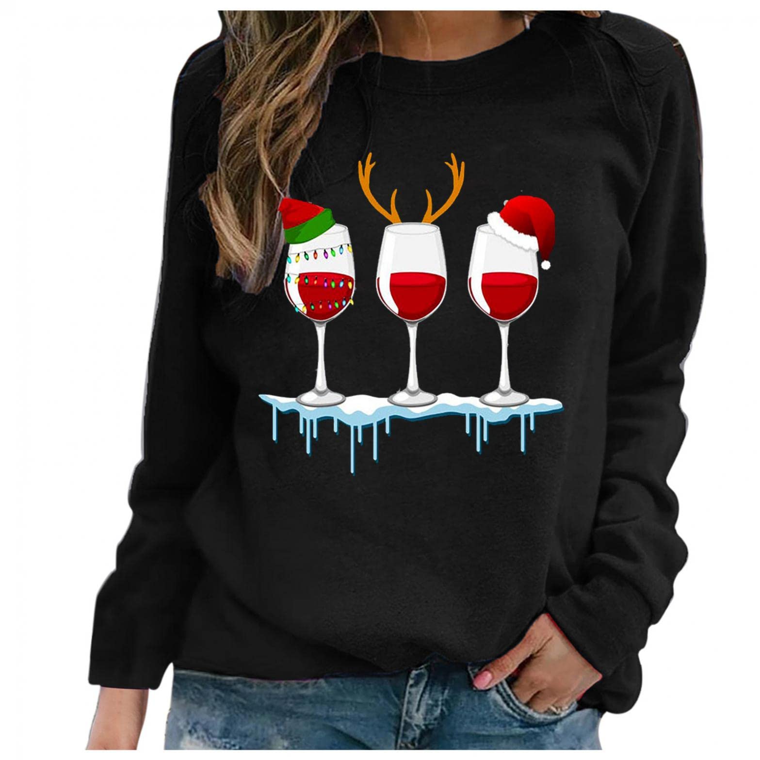 Women's Christmas Shirts - Cute Holiday Print Long Sleeve Round Neck Loose Fit Blouses, T-Shirts & Sweatshirts | Casual Pullover Tops for Christmas Parties, Family Gatherings & Festive Outfits