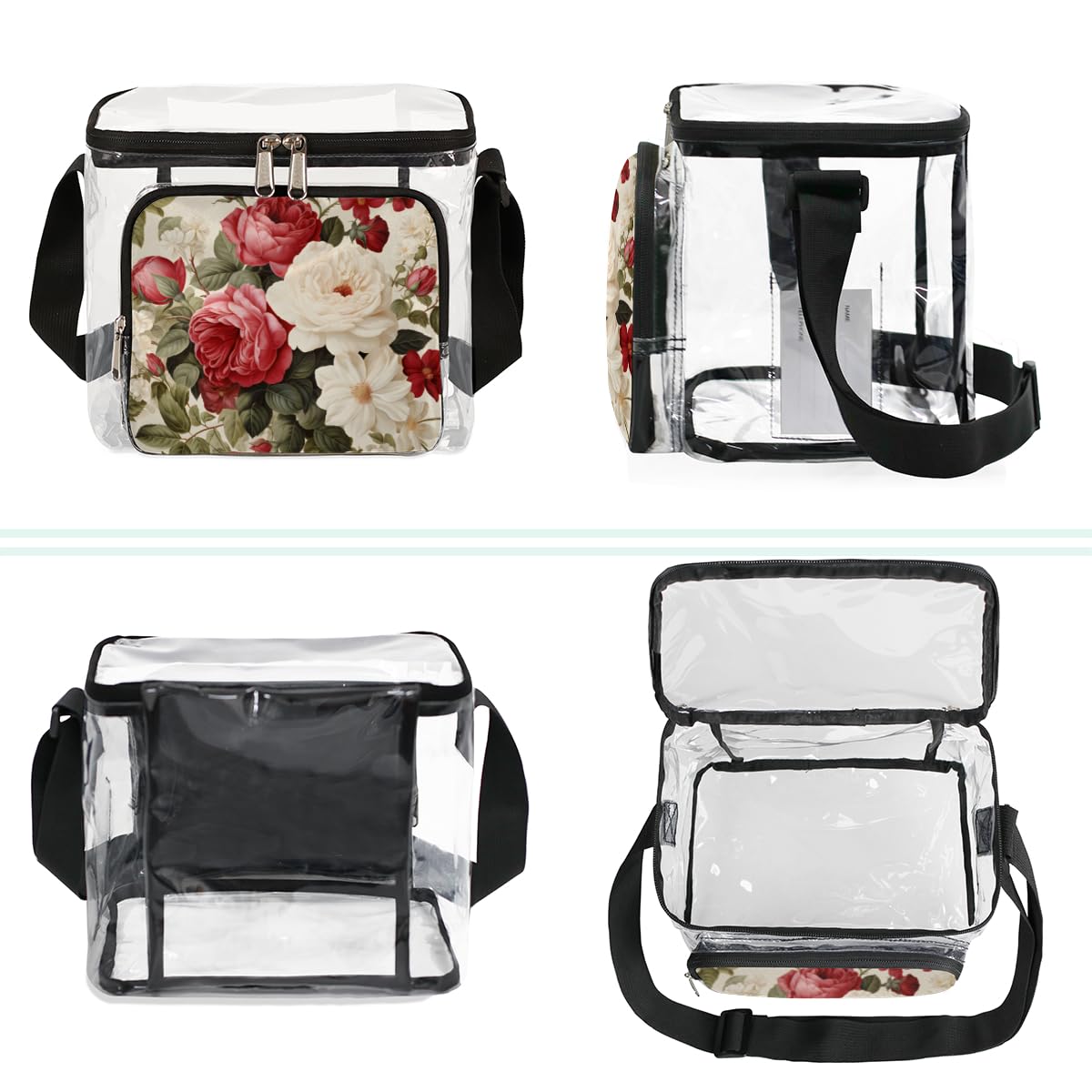 GzLeyigou Clear Transparent Tote Bag with Red White Roses Print - Crossbody Shoulder Bag for Women, Lunch Bag for Outdoor, Travel, Picnic, Concerts & Sports Events (Stadium Approved) - Perfect for Beach, Shopping, Gym & Daily Use