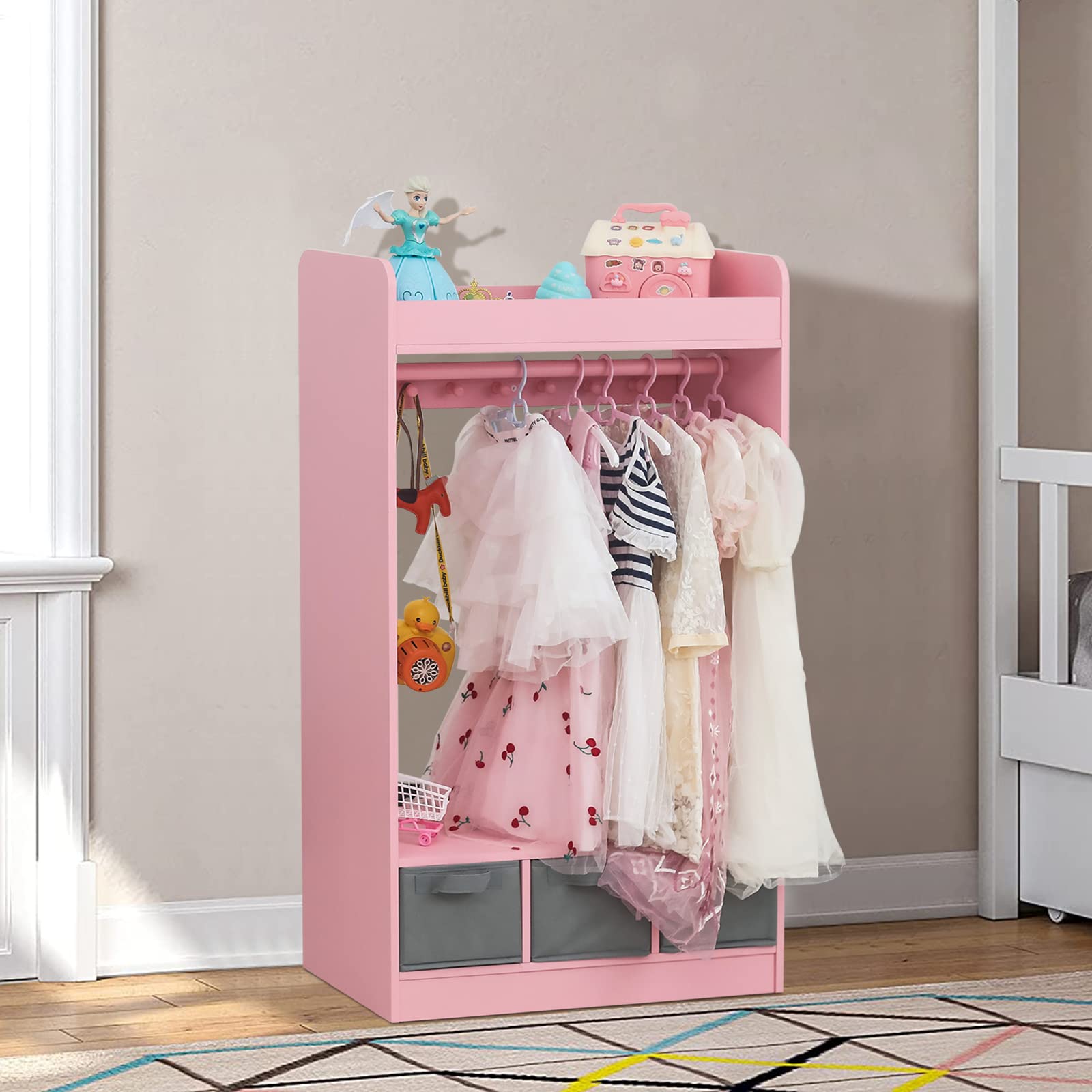 Kids Dress Up Storage Closet with Mirror - Pink Hanging Armoire for Costume Organization | Perfect for Pretend Play, Bedroom Decor & Toy Storage