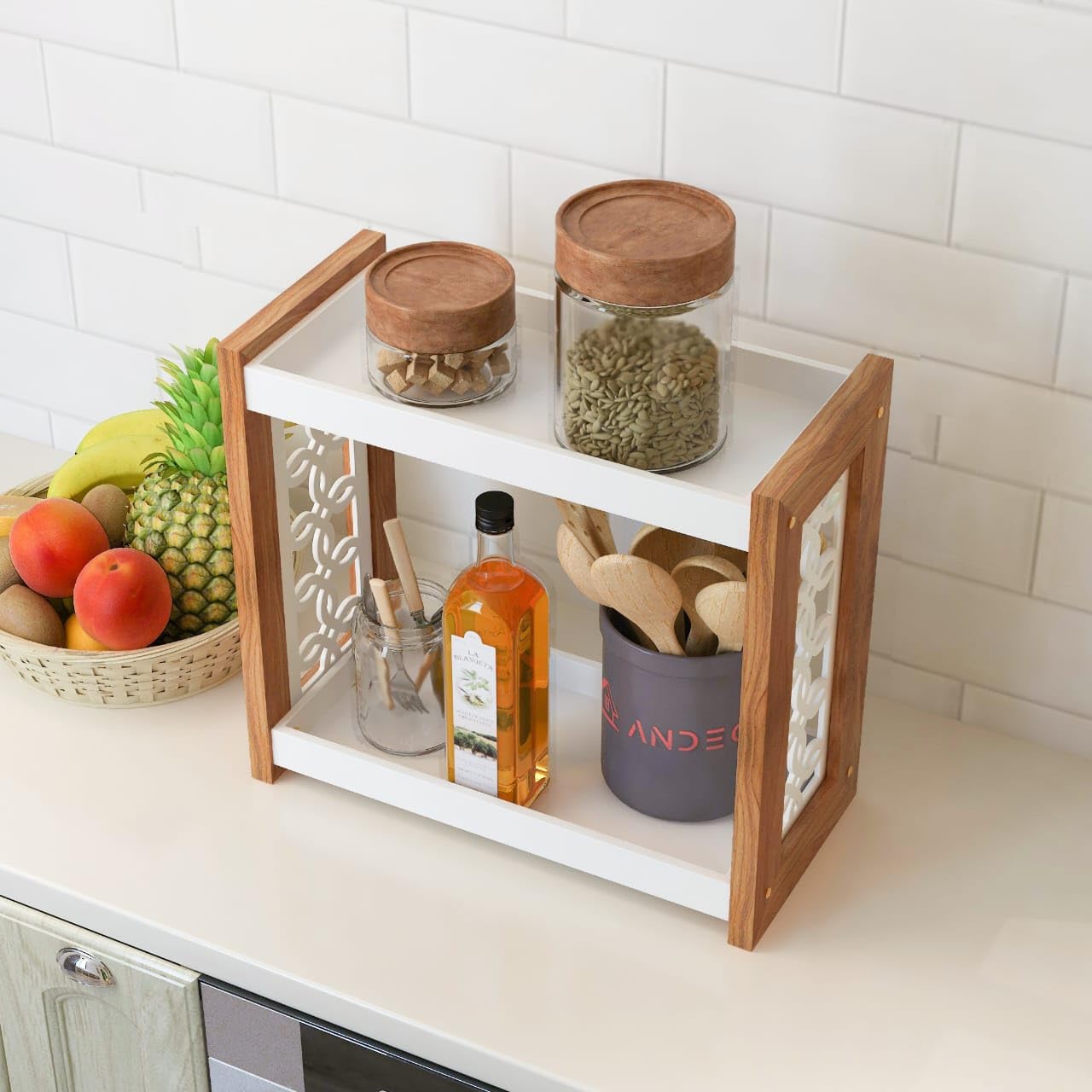 AnDecy 2-Tier Wooden Spice Rack Organizer - Countertop Kitchen Storage Shelf for Jars & Bottles - Perfect for Pantry, Spice Organization & Kitchen Decor