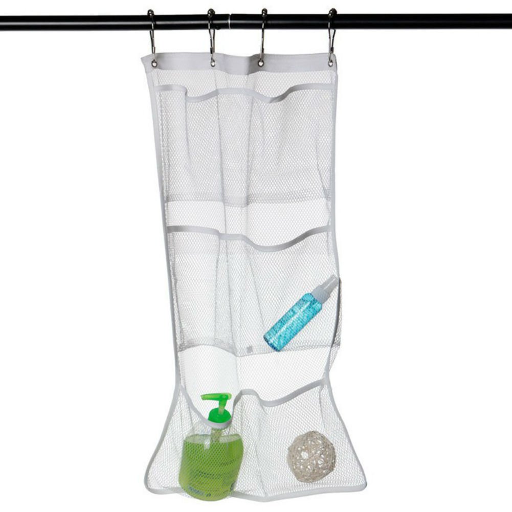 AKOAK 6-Pack Quick Dry Mesh Hanging Organizer with 4 Rings - White Bathroom Storage Caddy for Shower Curtain Rod - Perfect for Toiletries, Cosmetics & Bath Accessories Organization