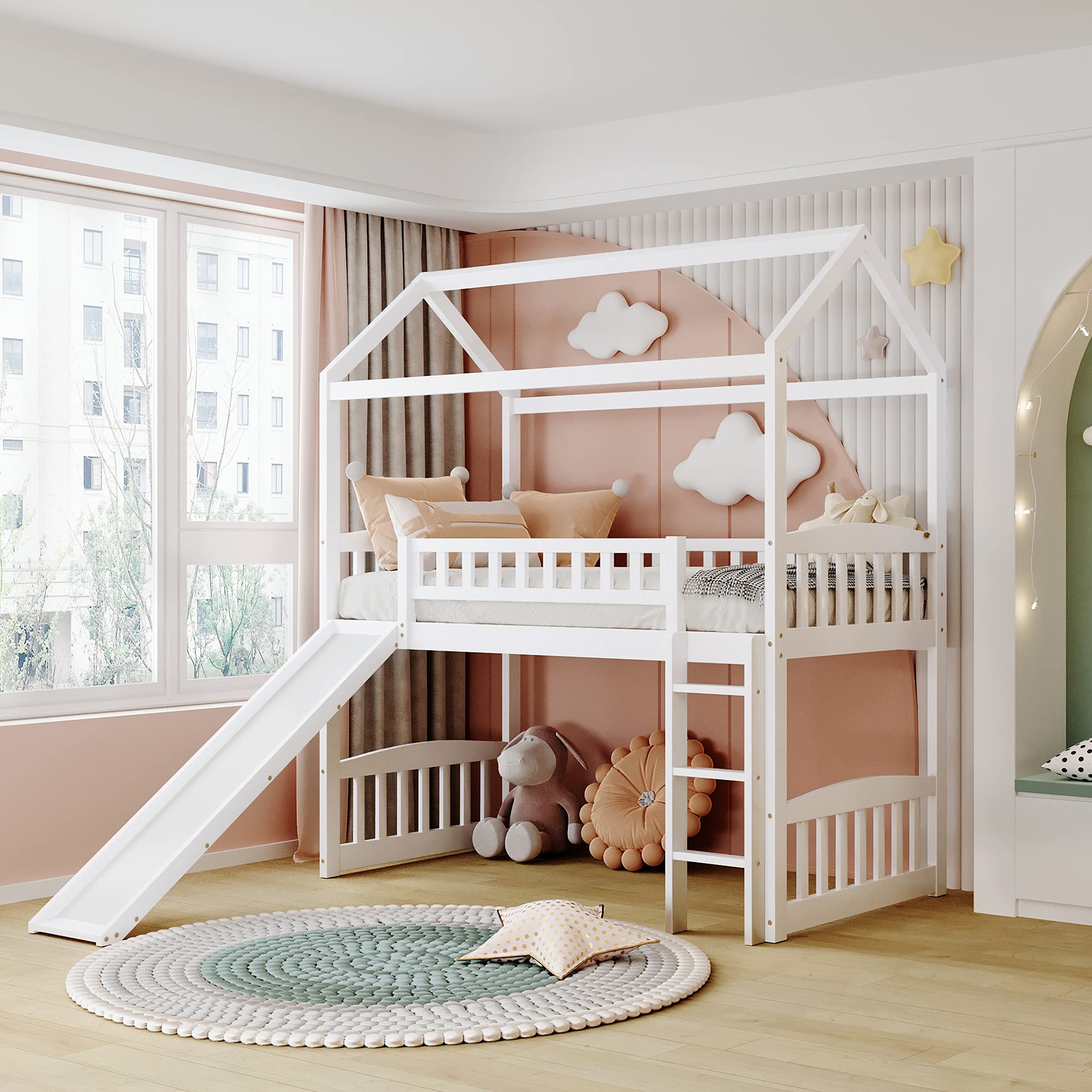 Merax Twin Loft Bed with Slide & Ladder - Wooden Playhouse Bed with Roof & Safety Guardrails for Kids & Teens - Perfect for Small Bedrooms & Playrooms (White)