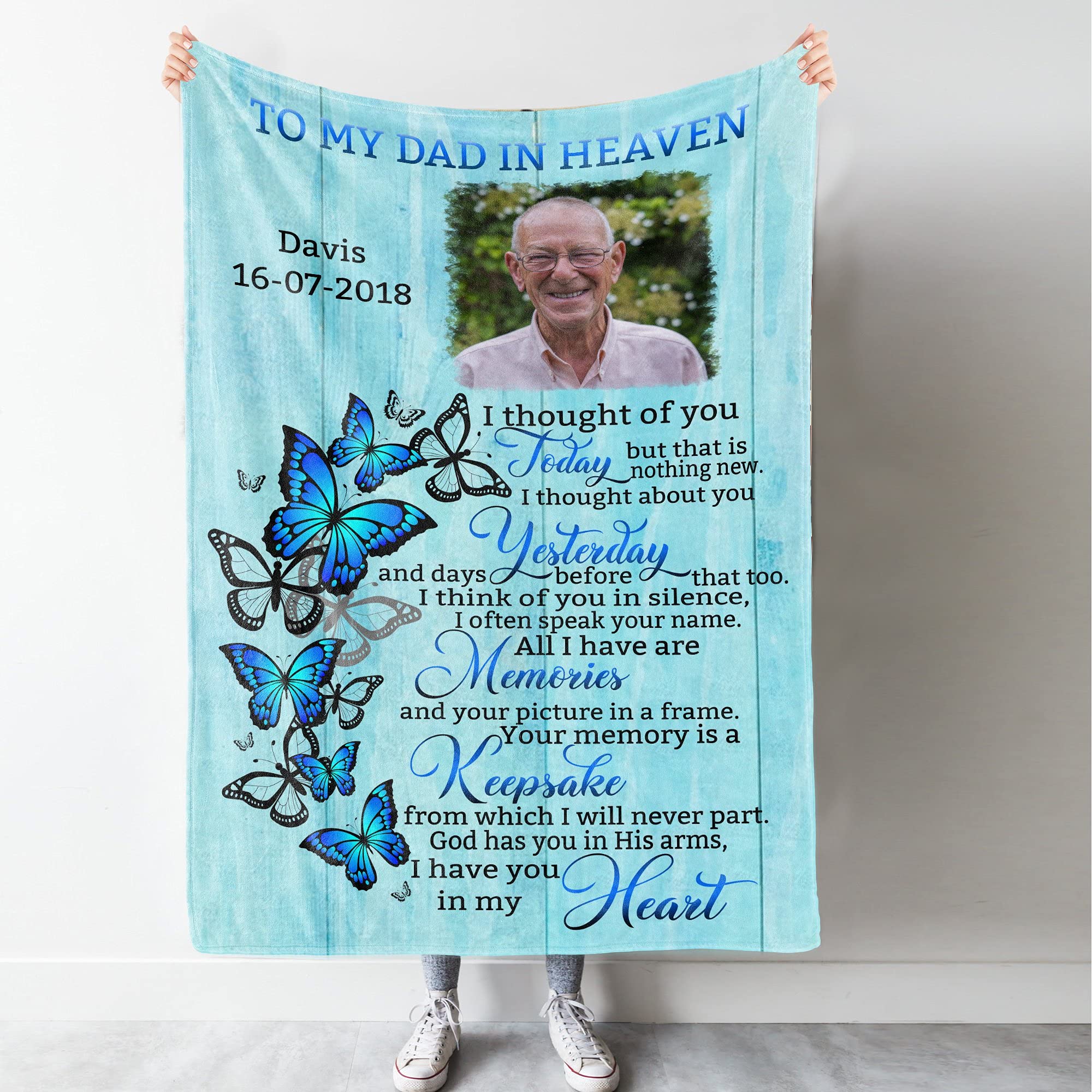 Custom Photo Blanket for Dad in Heaven - Personalized Memorial Fleece Blanket with Sherpa Backing - Thoughtful Christmas, Anniversary & Birthday Gift - Perfect for Comfort, Remembrance & Home Decor