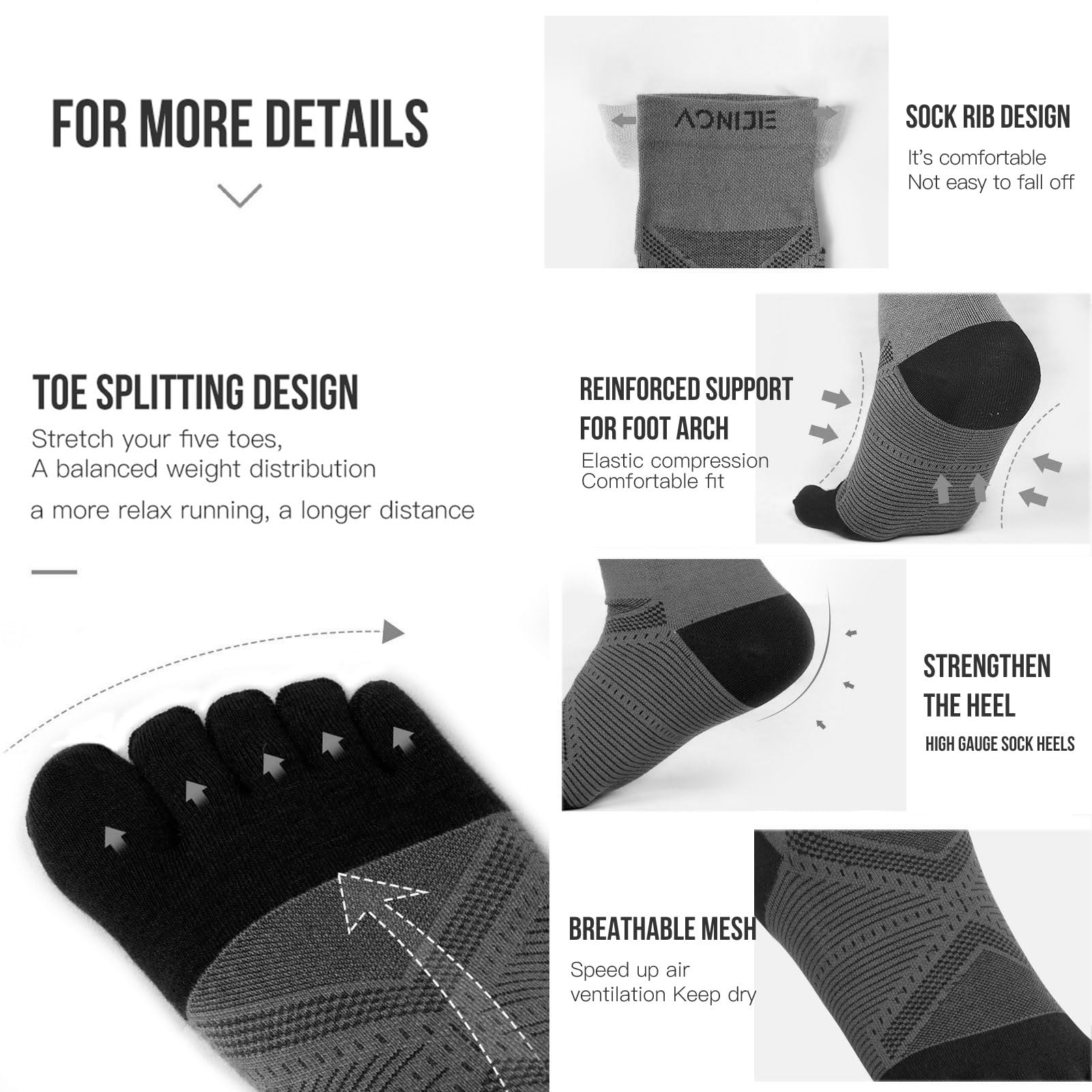 AONIJIE High Performance Toe Socks for Men & Women - Breathable Athletic Running Socks with Five Finger Design - Perfect for Marathon, Yoga, Gym Workouts & Outdoor Sports