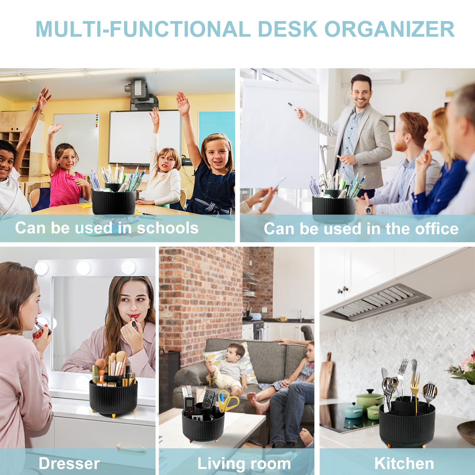360° Rotating 5-Slot Pencil Holder for Desk - Black | Office, School & Home Desk Organizer for Pens, Markers & Stationery Supplies | Perfect for Workspace, Study & Craft Room Organization