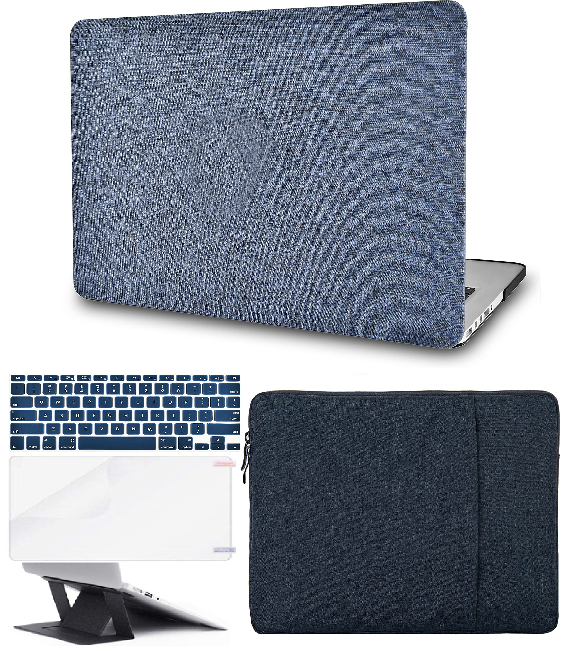 KECC MacBook Air 13 inch Case (A1369/A1466) - Hard Plastic Shell with Keyboard Cover, Sleeve, Screen Protector & Laptop Stand - Navy Fabric | Perfect for Travel, Office & School Protection