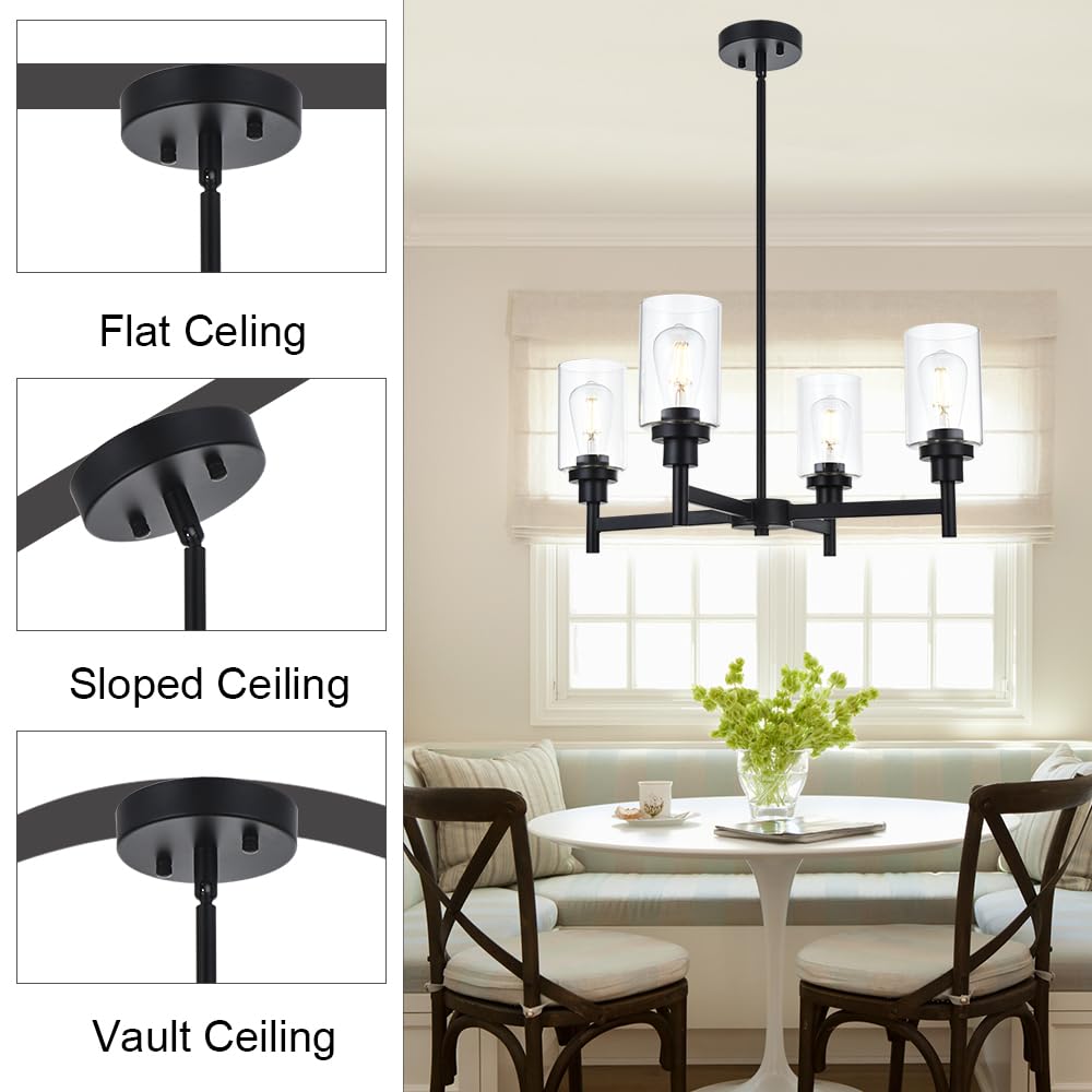 VINLUZ 4-Light Black Farmhouse Chandelier with Clear Glass Cylinder Pendant - Rustic Kitchen Lighting Fixture for Dining Room, Bedroom, Living Room & Entryway | Perfect for Farmhouse, Industrial & Modern Home Decor