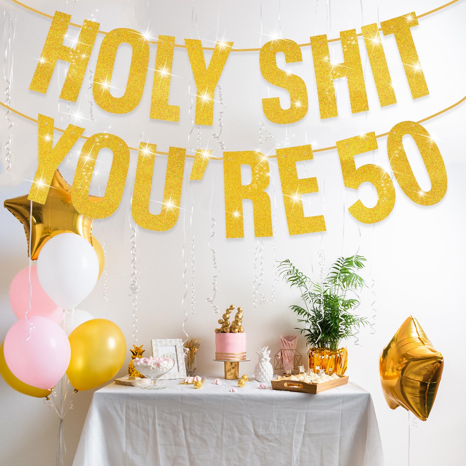50th Birthday Banner Gold Glitter - Funny 'Holy Shit You're 50' Party Decorations for Women & Men | Perfect for Milestone Birthday Parties, Anniversary Celebrations & Retirement Events